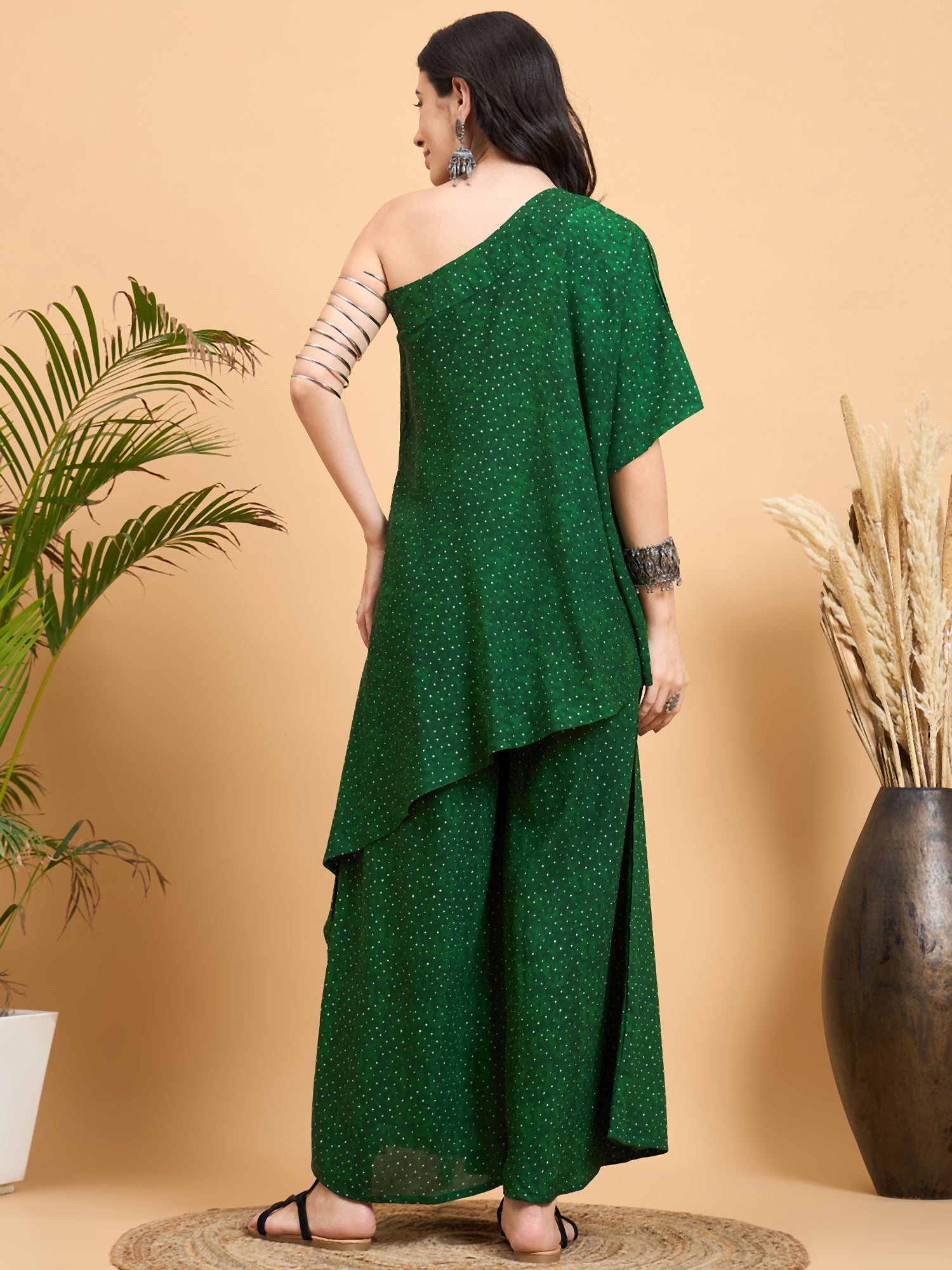 Emerald Green Dot Print One Shoulder Palazzo Set