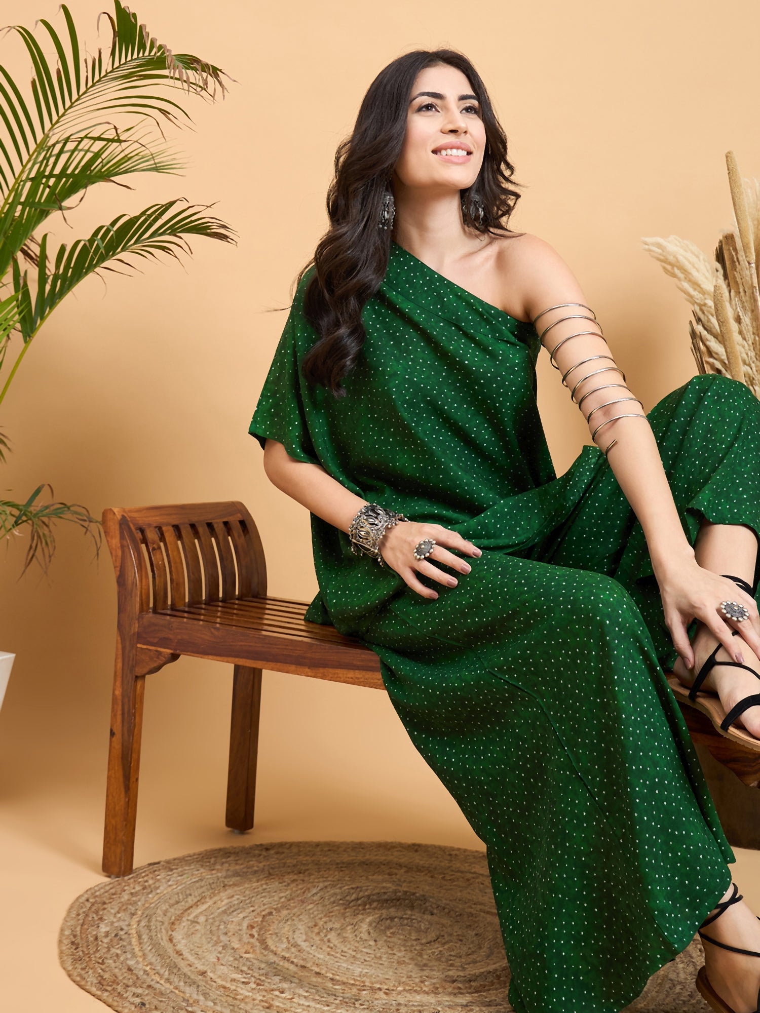 Emerald Green Dot Print One Shoulder Palazzo Set