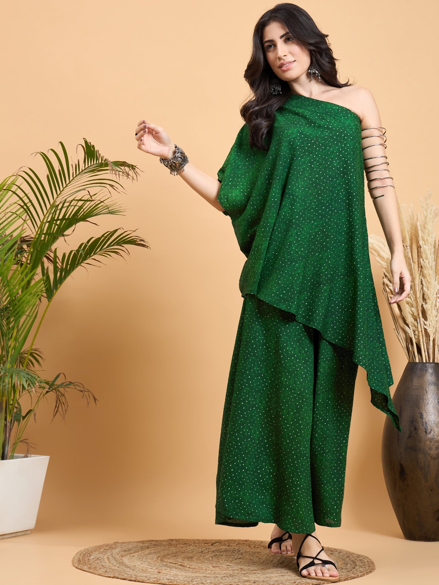 Emerald Green Dot Print One Shoulder Palazzo Set