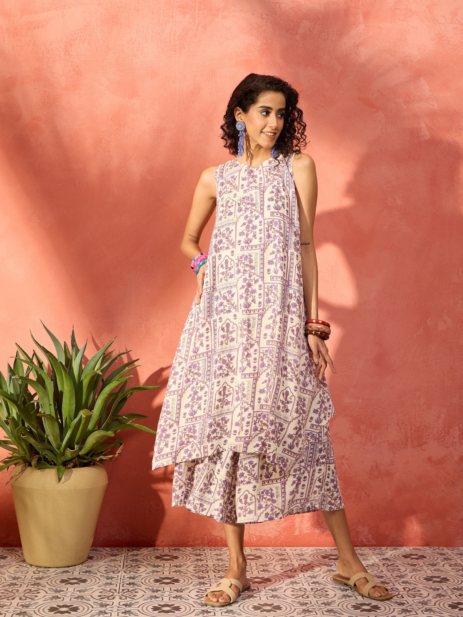 Mauve Ethnic Window Floral Short Palazzo Kurta Set