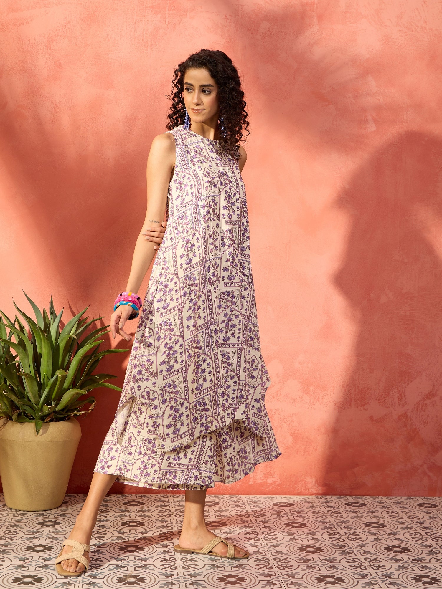 Mauve Ethnic Window Floral Short Palazzo Kurta Set