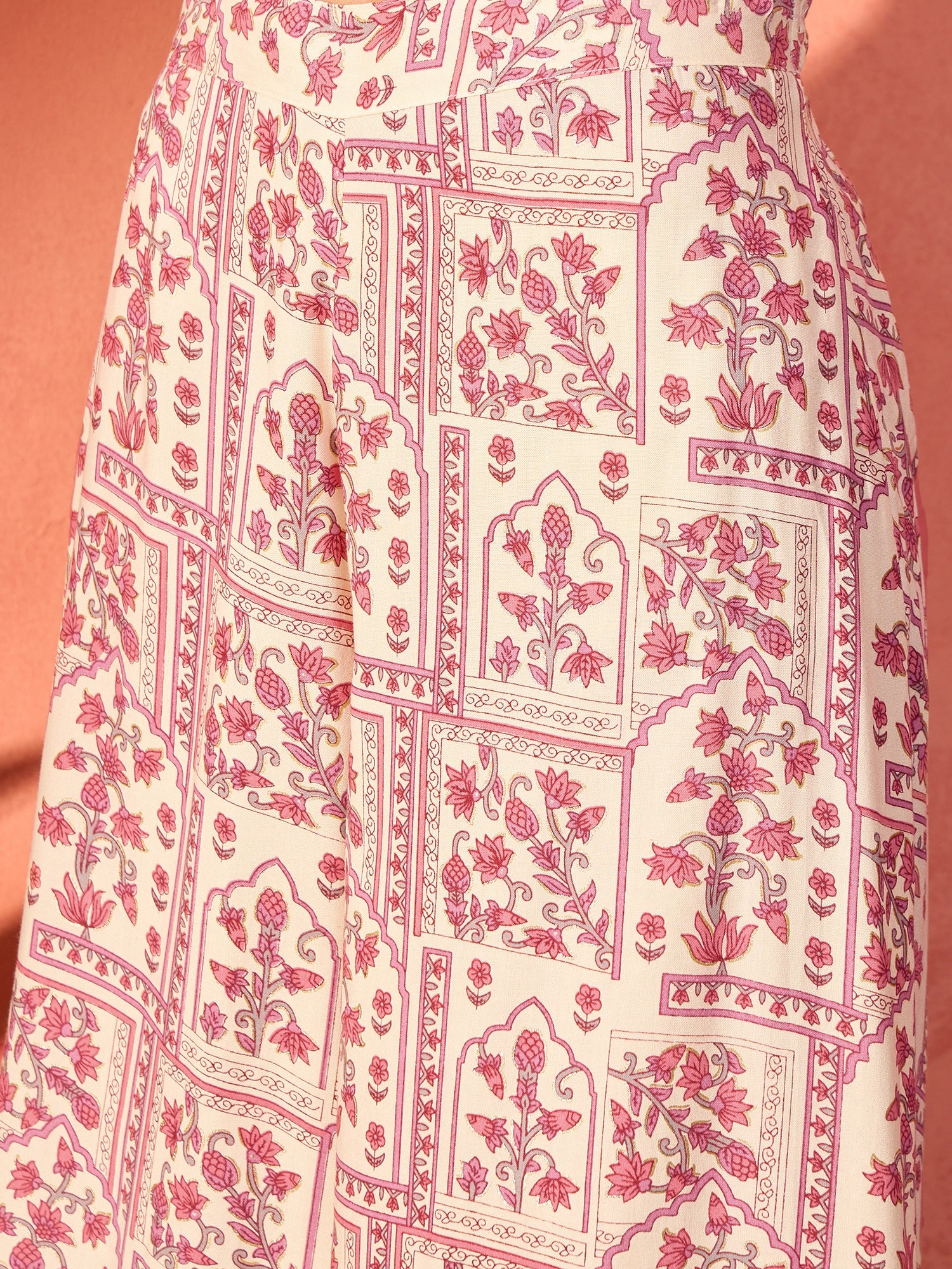 Rose Pink Ethnic Window Floral Round Neck Kurta Pant Set