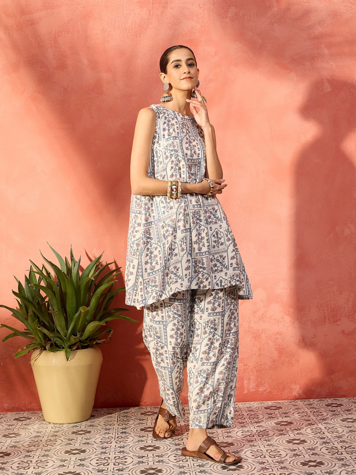 Cadet Blue Ethnic Window Floral Round Neck Kurta Pant Set