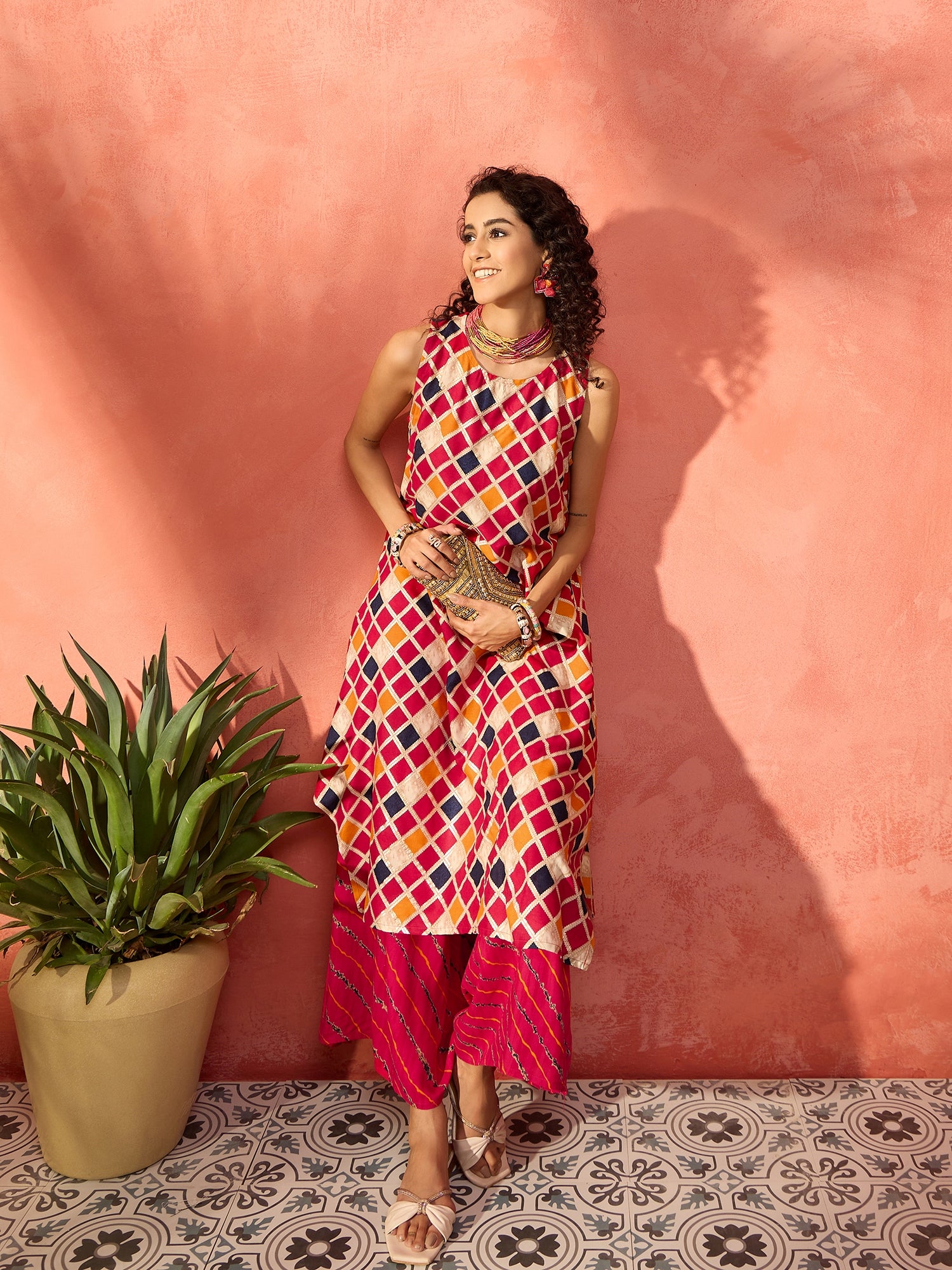 Fuchsia Multi Check Foil R Neck Kurta Leh Palazzo Set