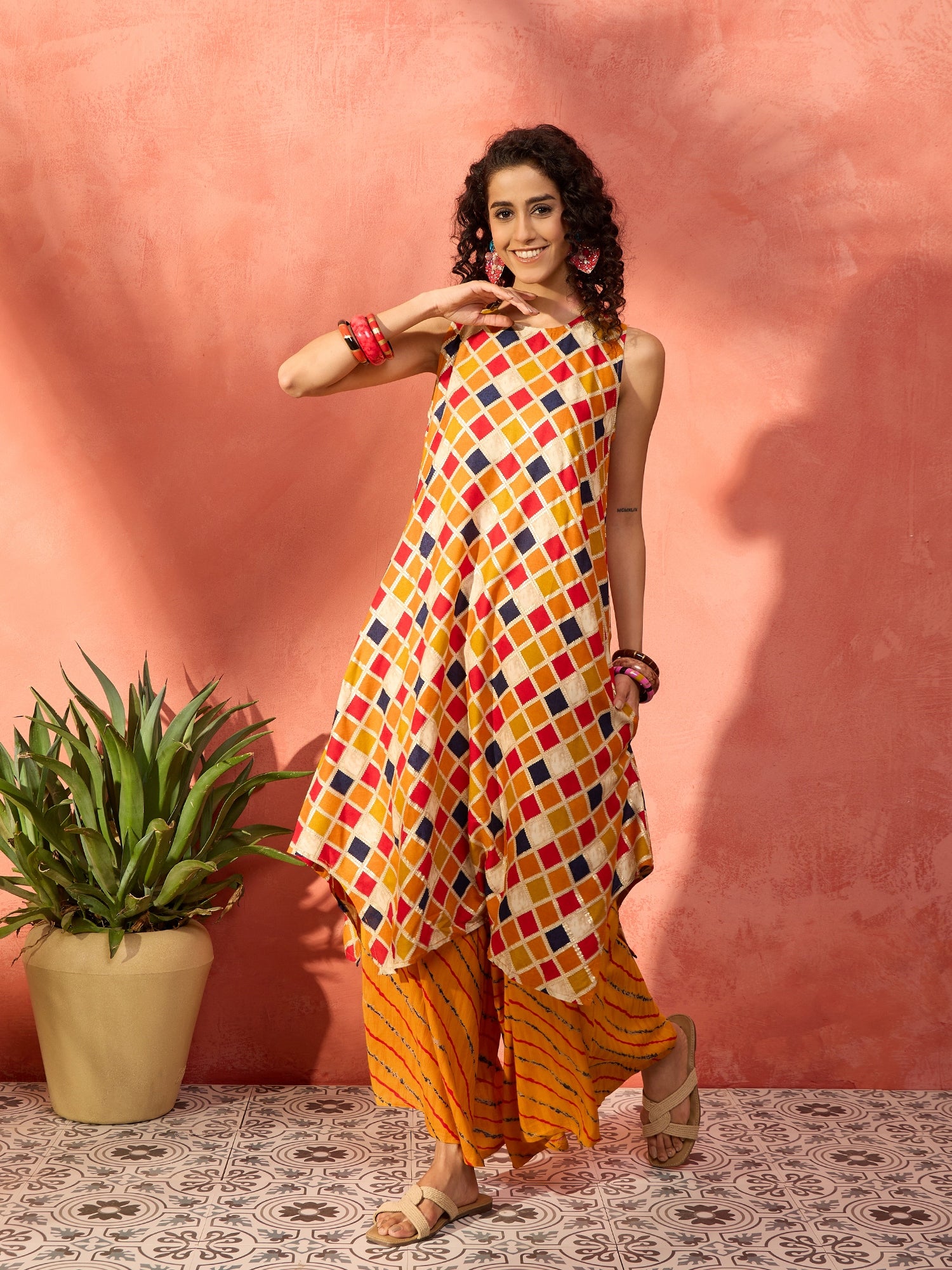 Mustard Multi Check Foil R Neck Kurta Amber Leh Palazzo Set