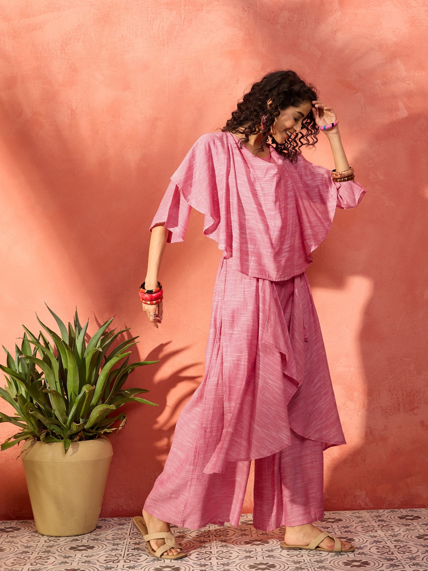 Sweet Pink Handloom Cowl Co-Ord Set