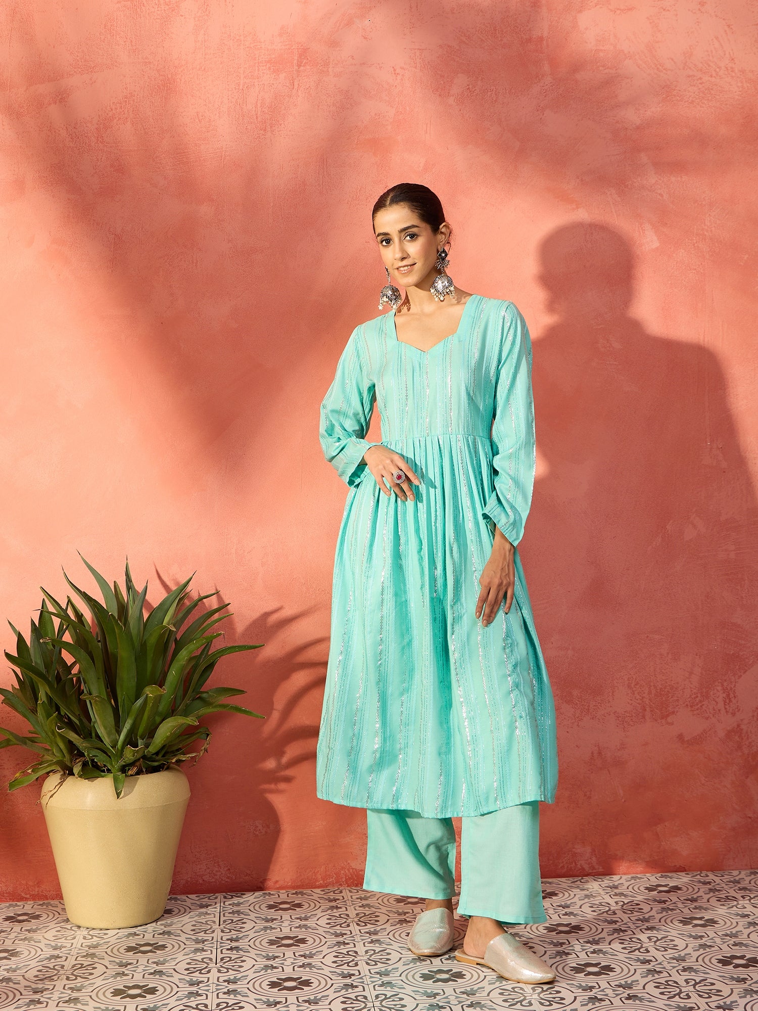 Mint Green Lurex Sweetheart Neck Short Kurta Pant Set