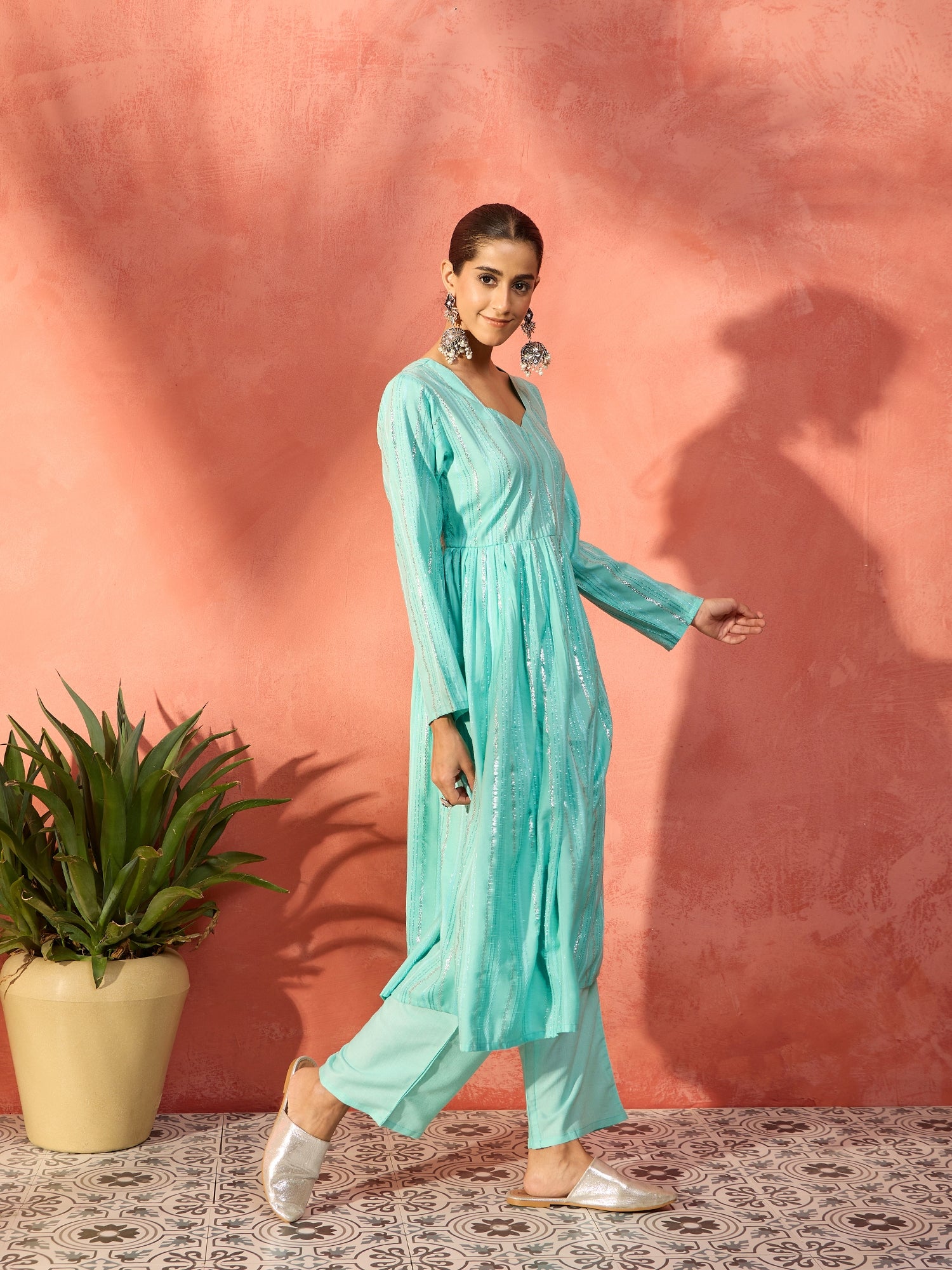 Mint Green Lurex Sweetheart Neck Short Kurta Pant Set