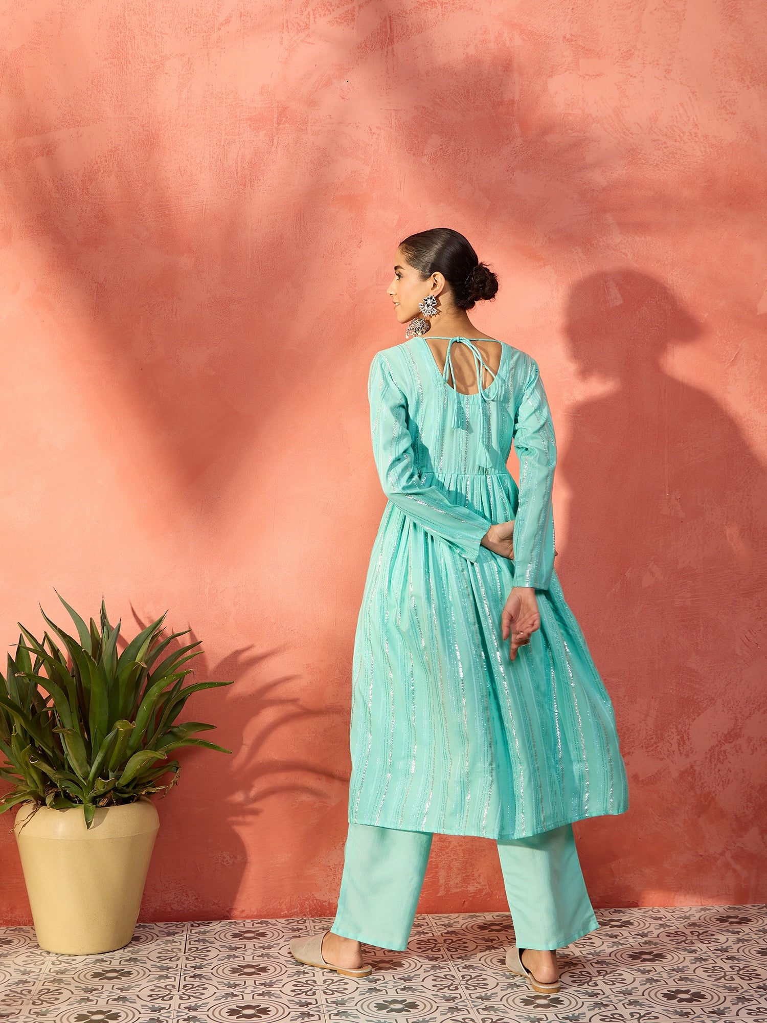 Mint Green Lurex Sweetheart Neck Short Kurta Pant Set