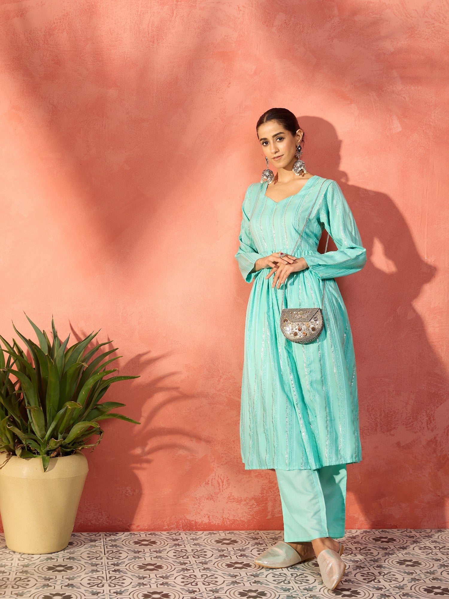 Mint Green Lurex Sweetheart Neck Short Kurta Pant Set