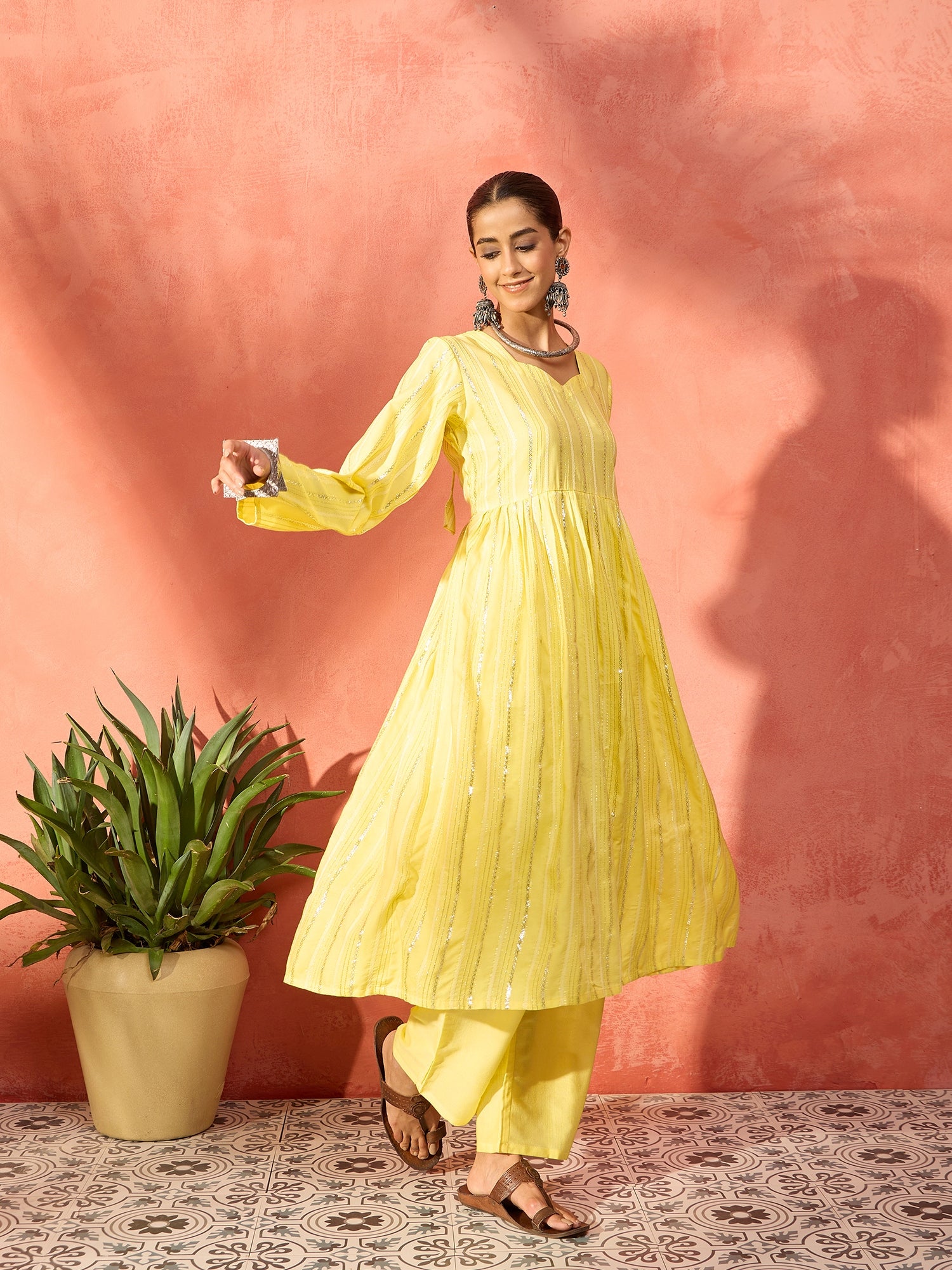 Sunshine Yellow Lurex Sweetheart Neck Short Kurta Pant Set