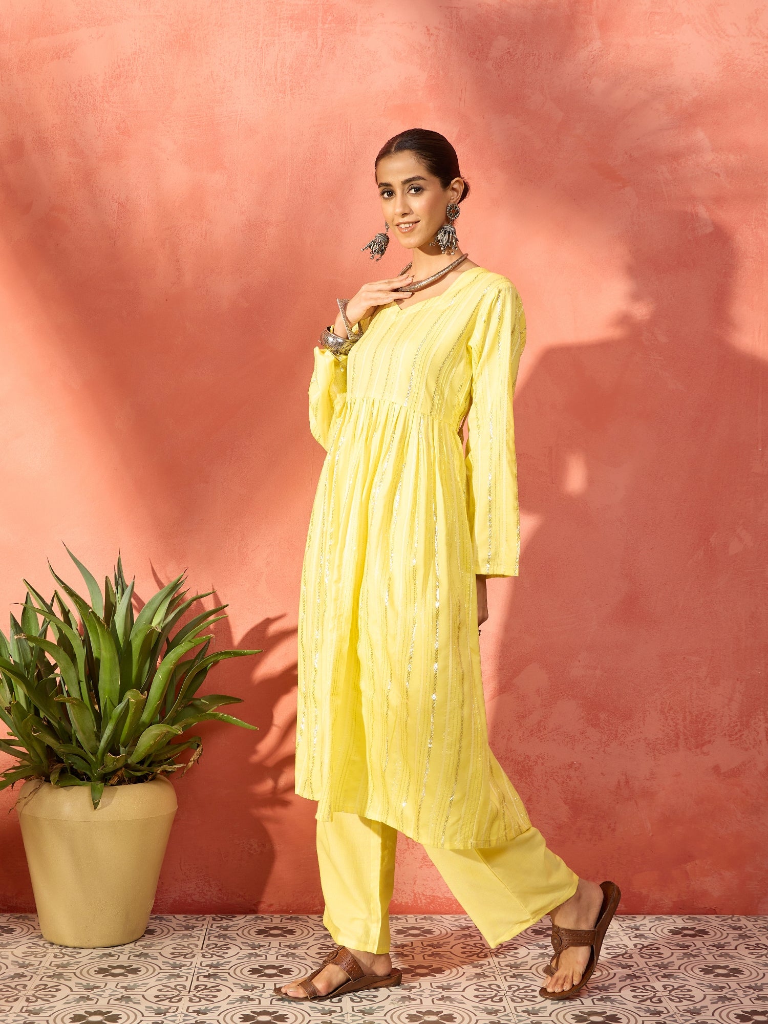 Sunshine Yellow Lurex Sweetheart Neck Short Kurta Pant Set