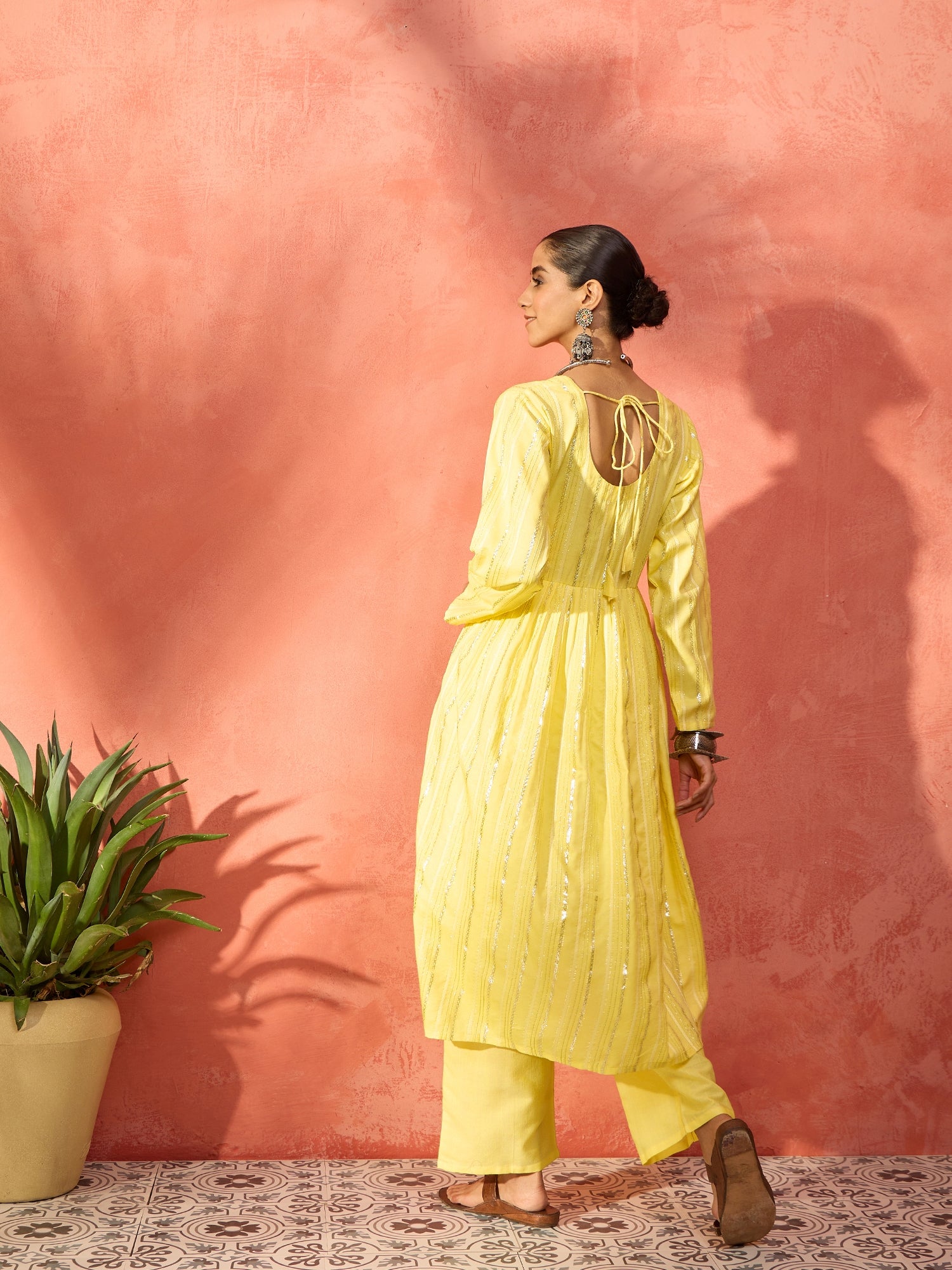 Sunshine Yellow Lurex Sweetheart Neck Short Kurta Pant Set