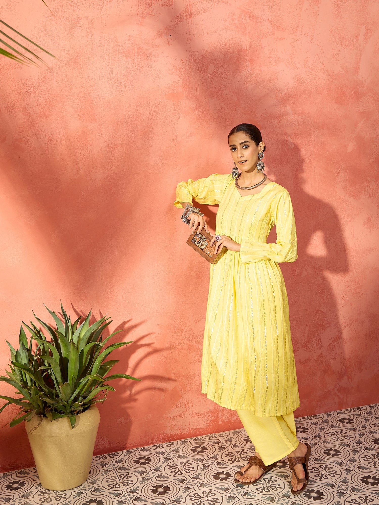 Sunshine Yellow Lurex Sweetheart Neck Short Kurta Pant Set