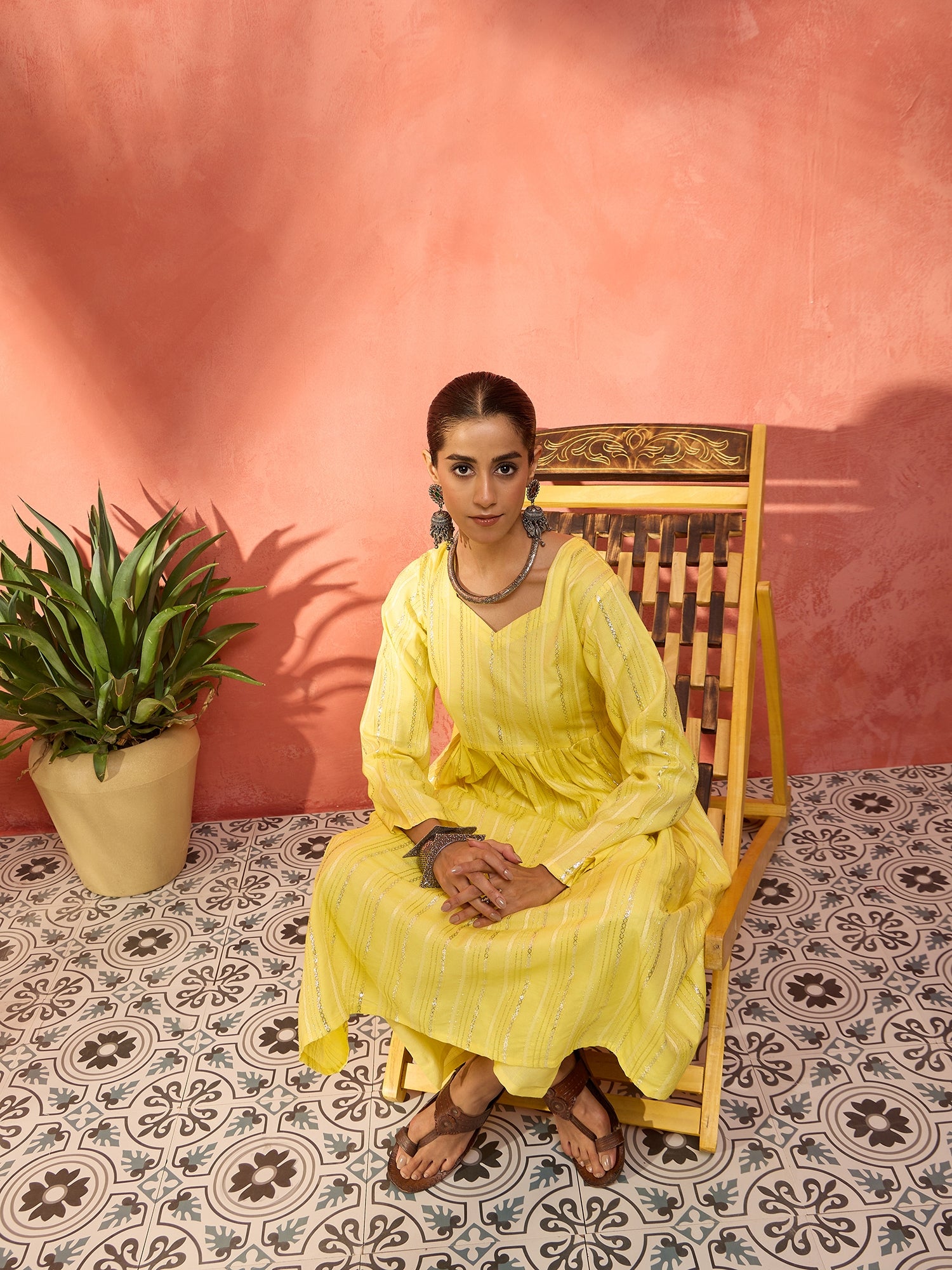 Sunshine Yellow Lurex Sweetheart Neck Short Kurta Pant Set