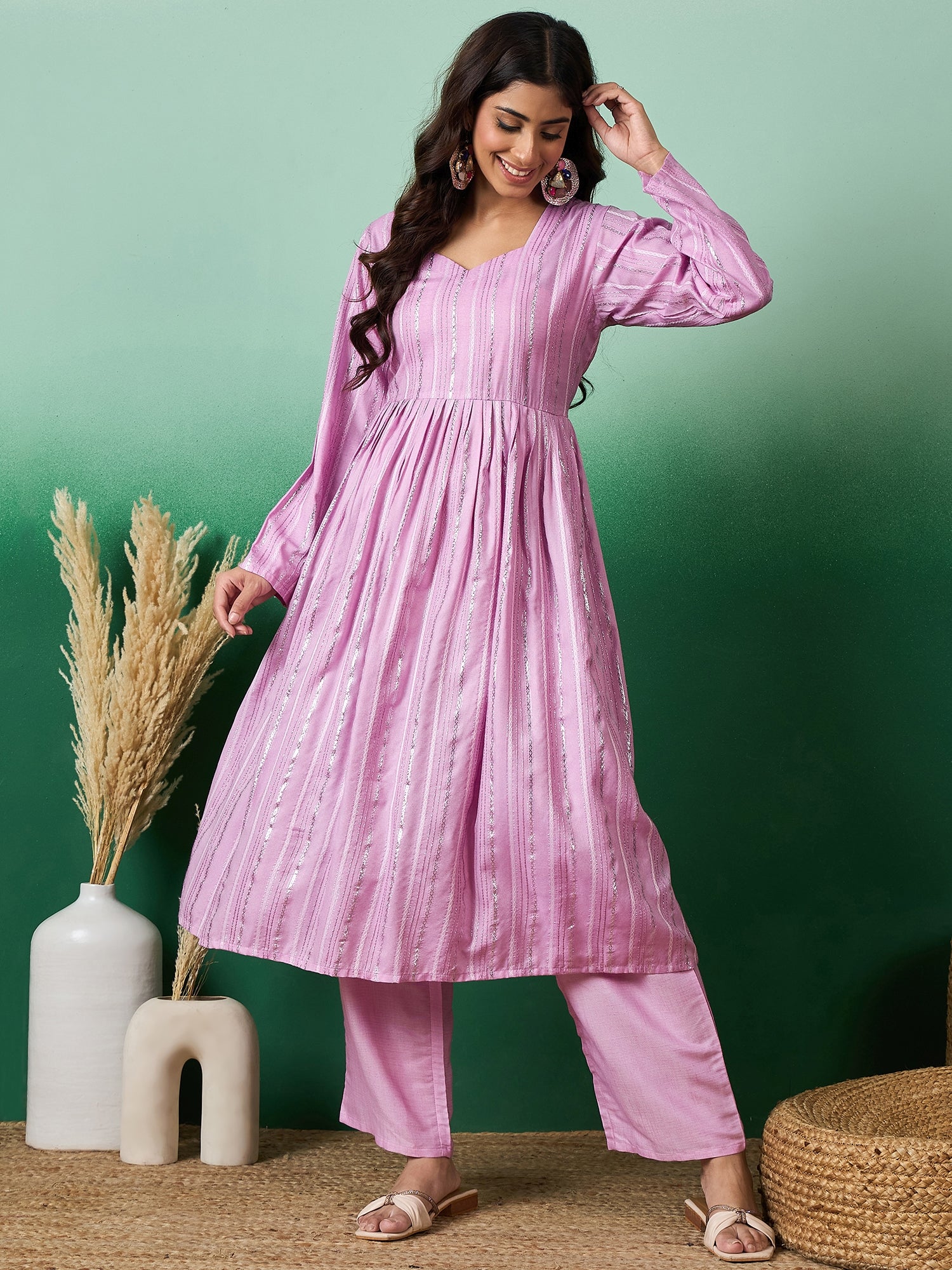 Lavender Lurex Sweetheart Neck Short Kurta Pant Set