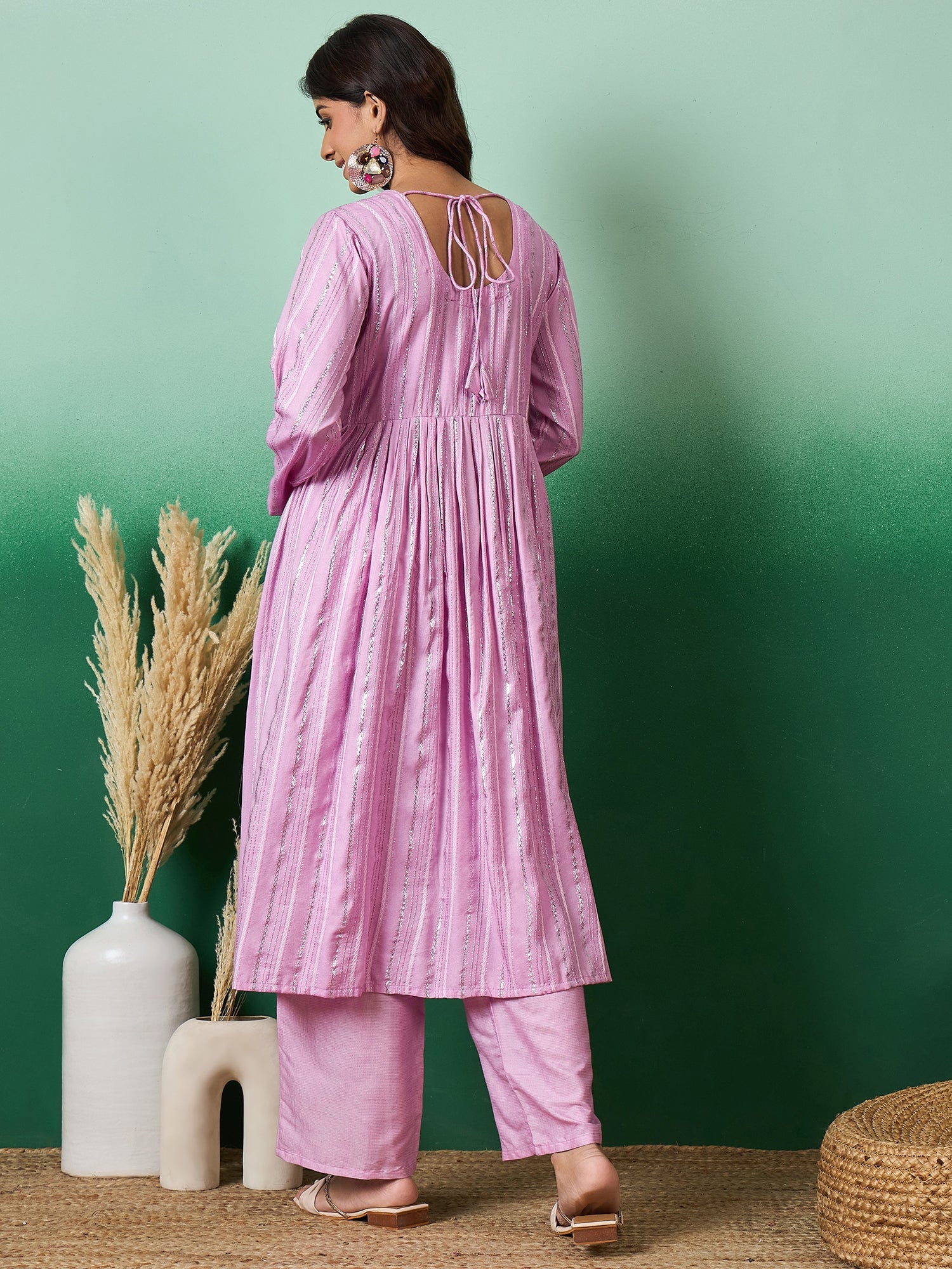 Lavender Lurex Sweetheart Neck Short Kurta Pant Set