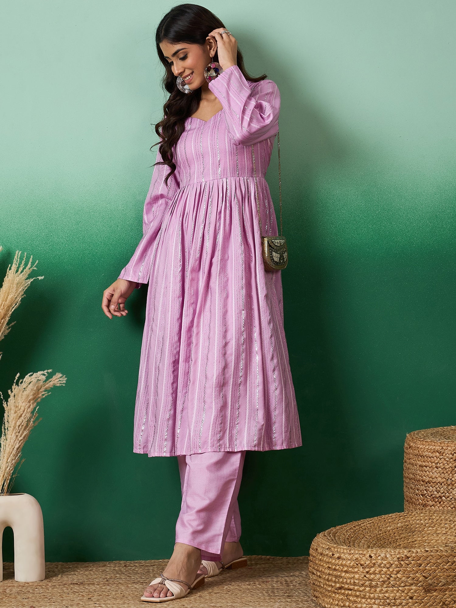 Lavender Lurex Sweetheart Neck Short Kurta Pant Set