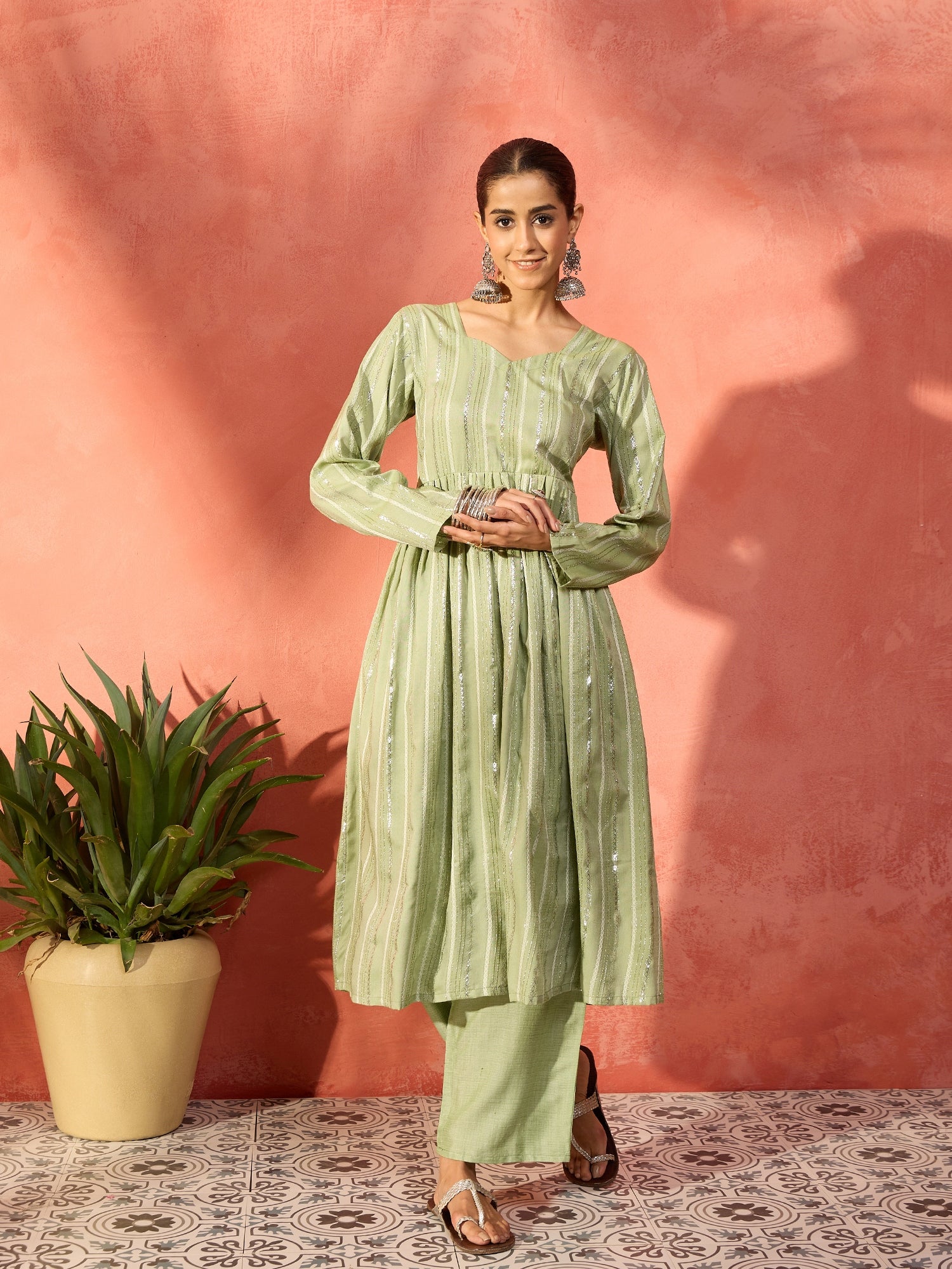 Light Green Lurex Sweetheart Neck Short Kurta Pant Set