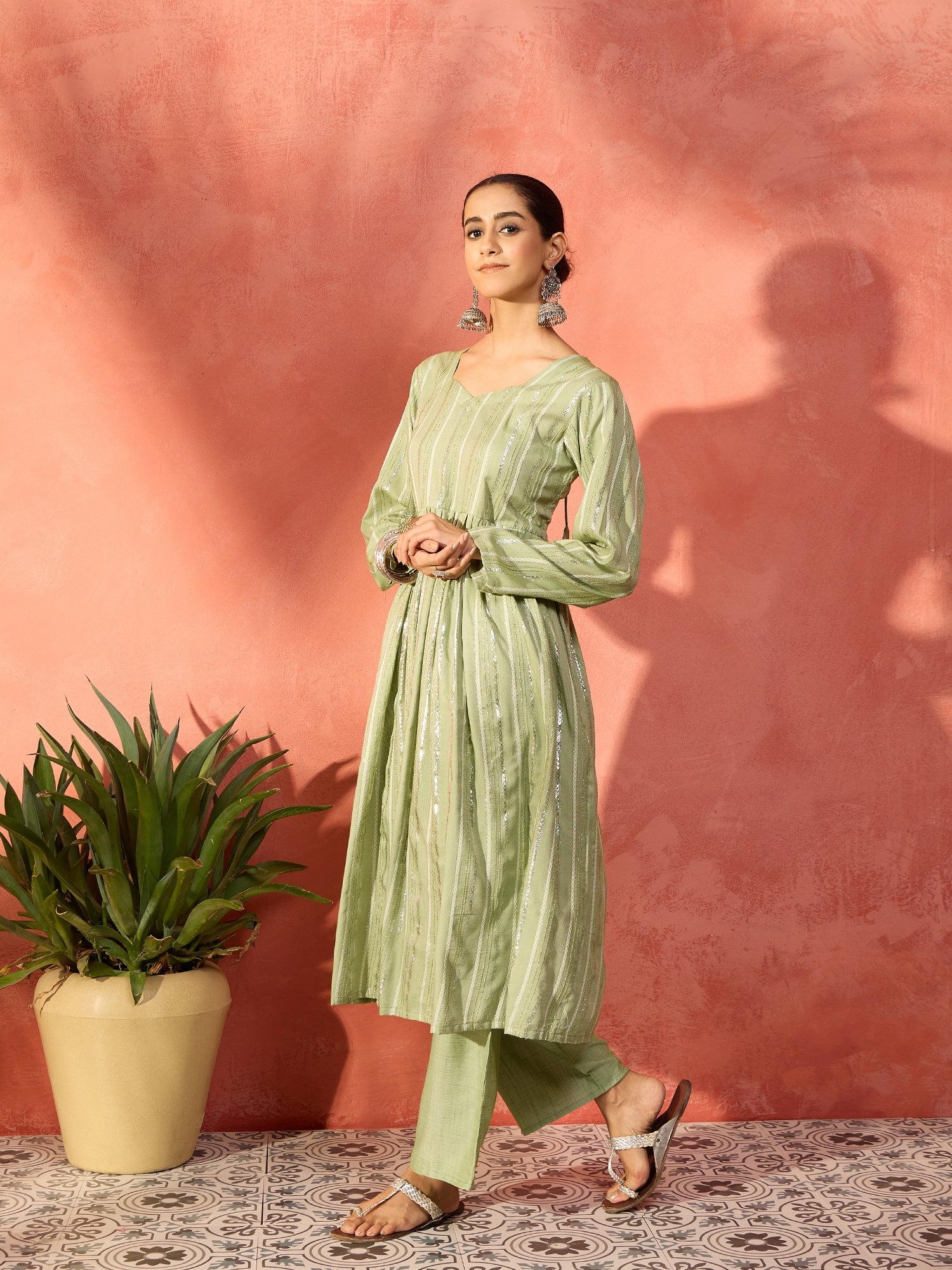 Light Green Lurex Sweetheart Neck Short Kurta Pant Set