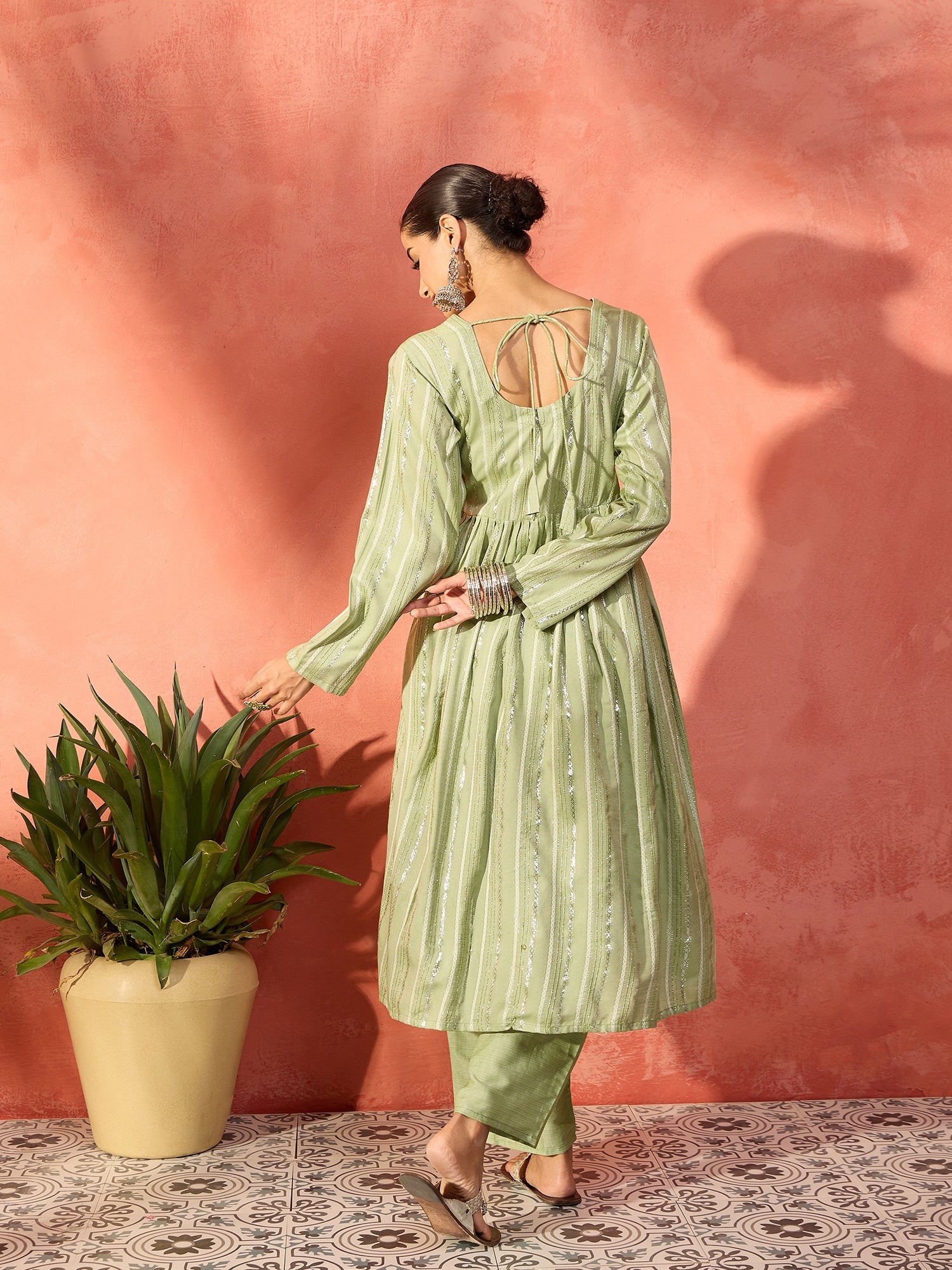 Light Green Lurex Sweetheart Neck Short Kurta Pant Set