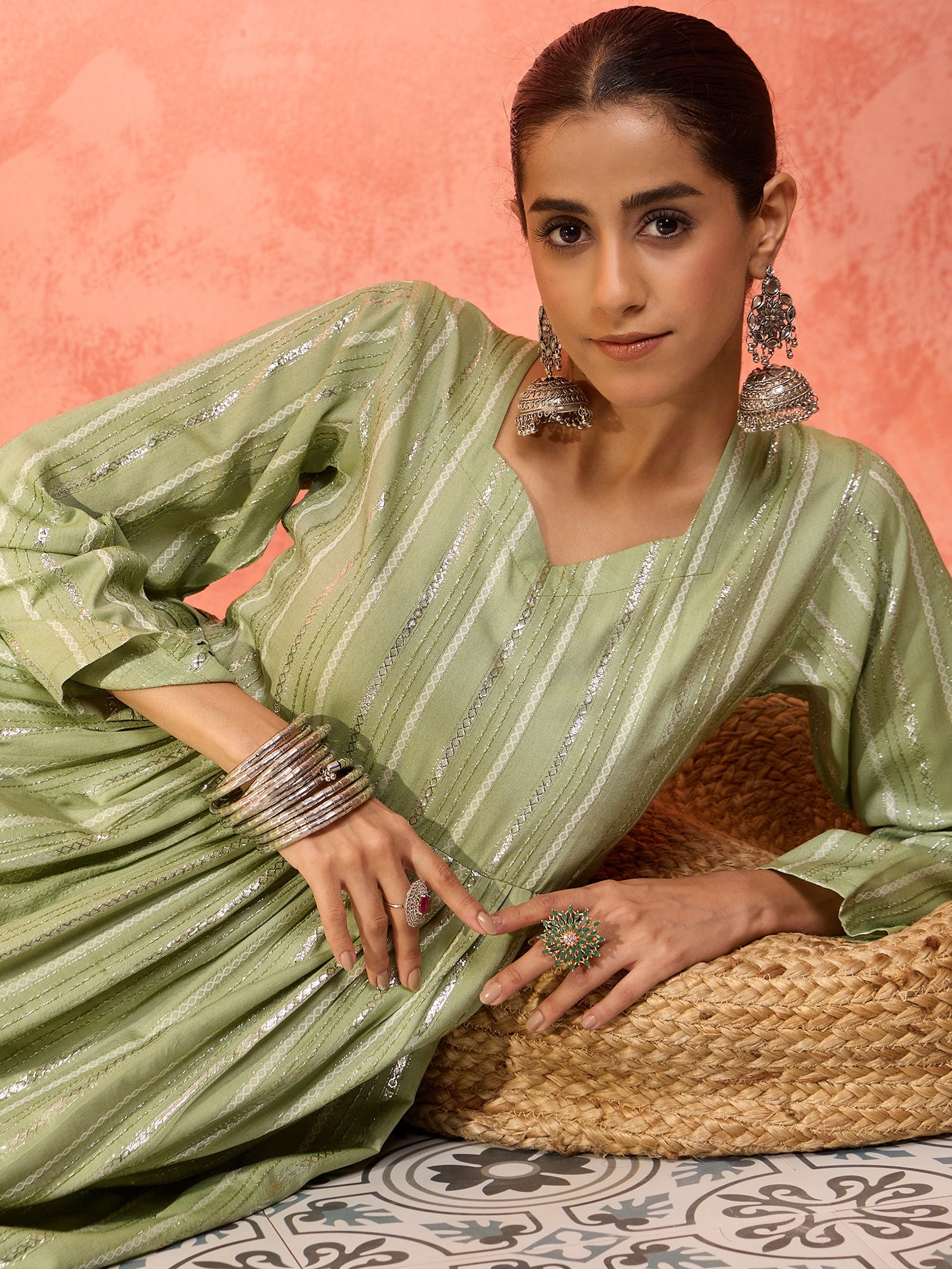 Light Green Lurex Sweetheart Neck Short Kurta Pant Set