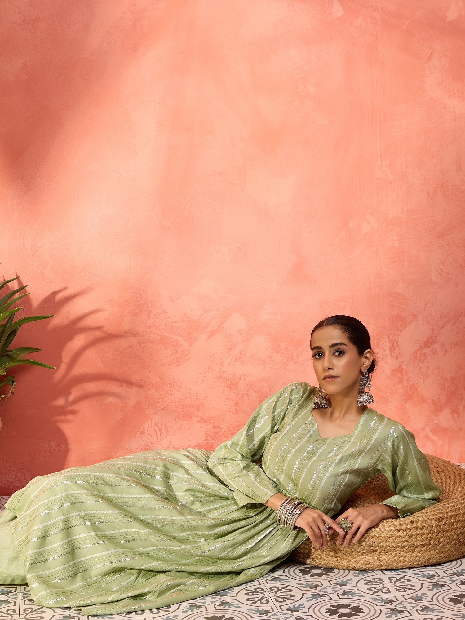 Light Green Lurex Sweetheart Neck Short Kurta Pant Set