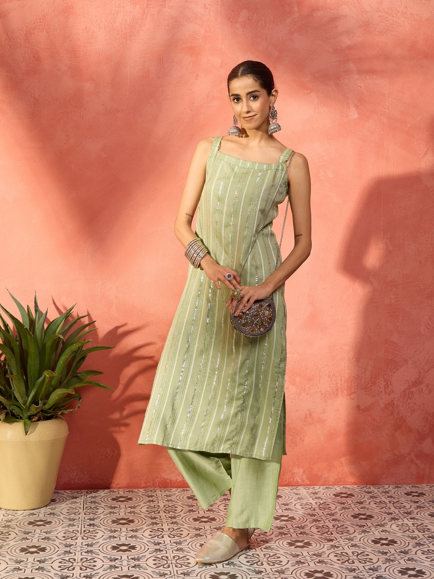 Light Green Lurex Thick Strappy Straight Kurta Pant Set