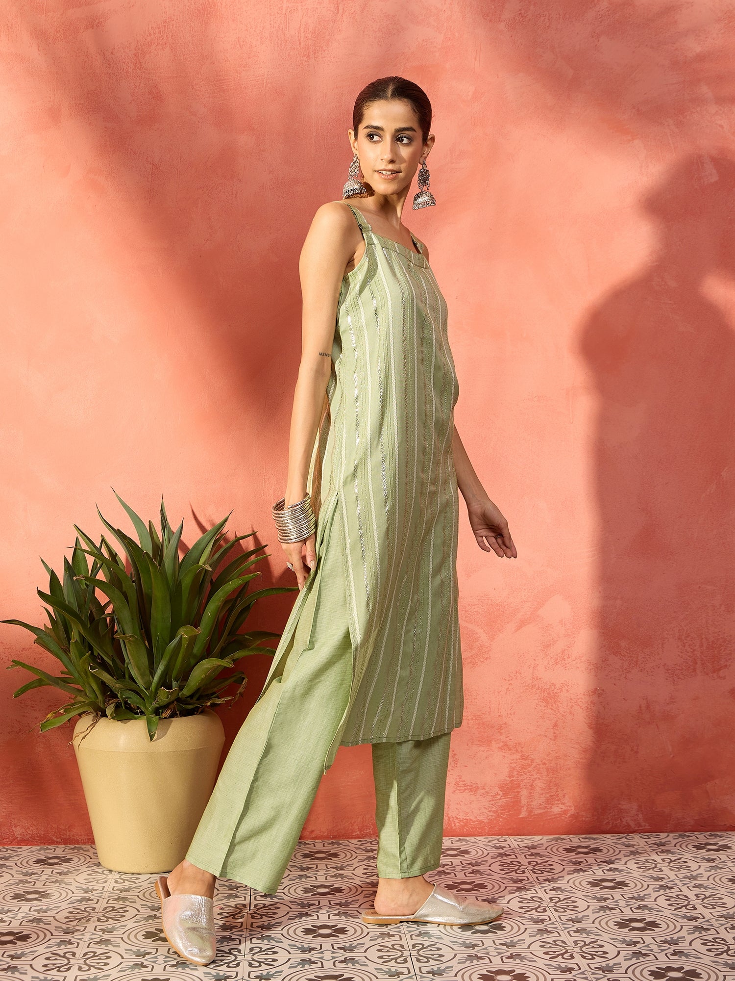 Light Green Lurex Thick Strappy Straight Kurta Pant Set