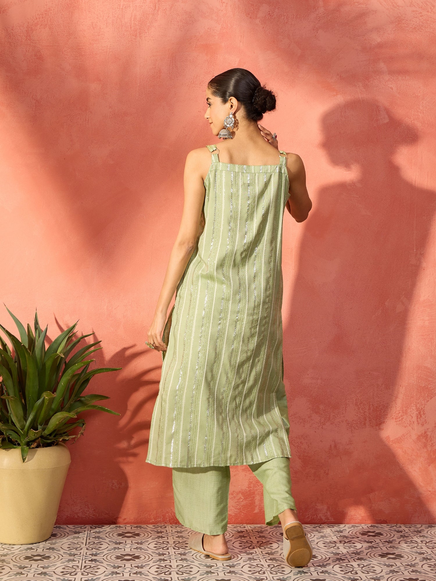 Light Green Lurex Thick Strappy Straight Kurta Pant Set