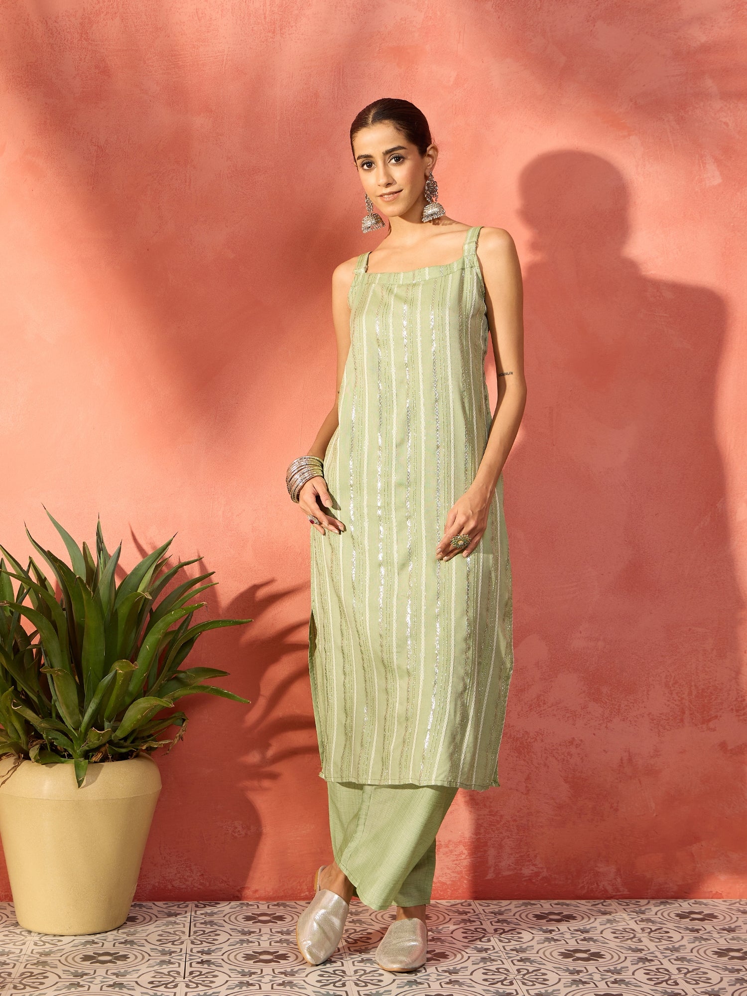 Light Green Lurex Thick Strappy Straight Kurta Pant Set