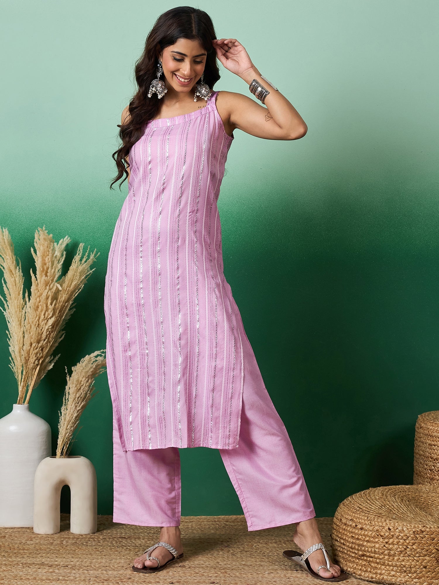 Lavender Lurex Thick Strappy Straight Kurta Pant Set