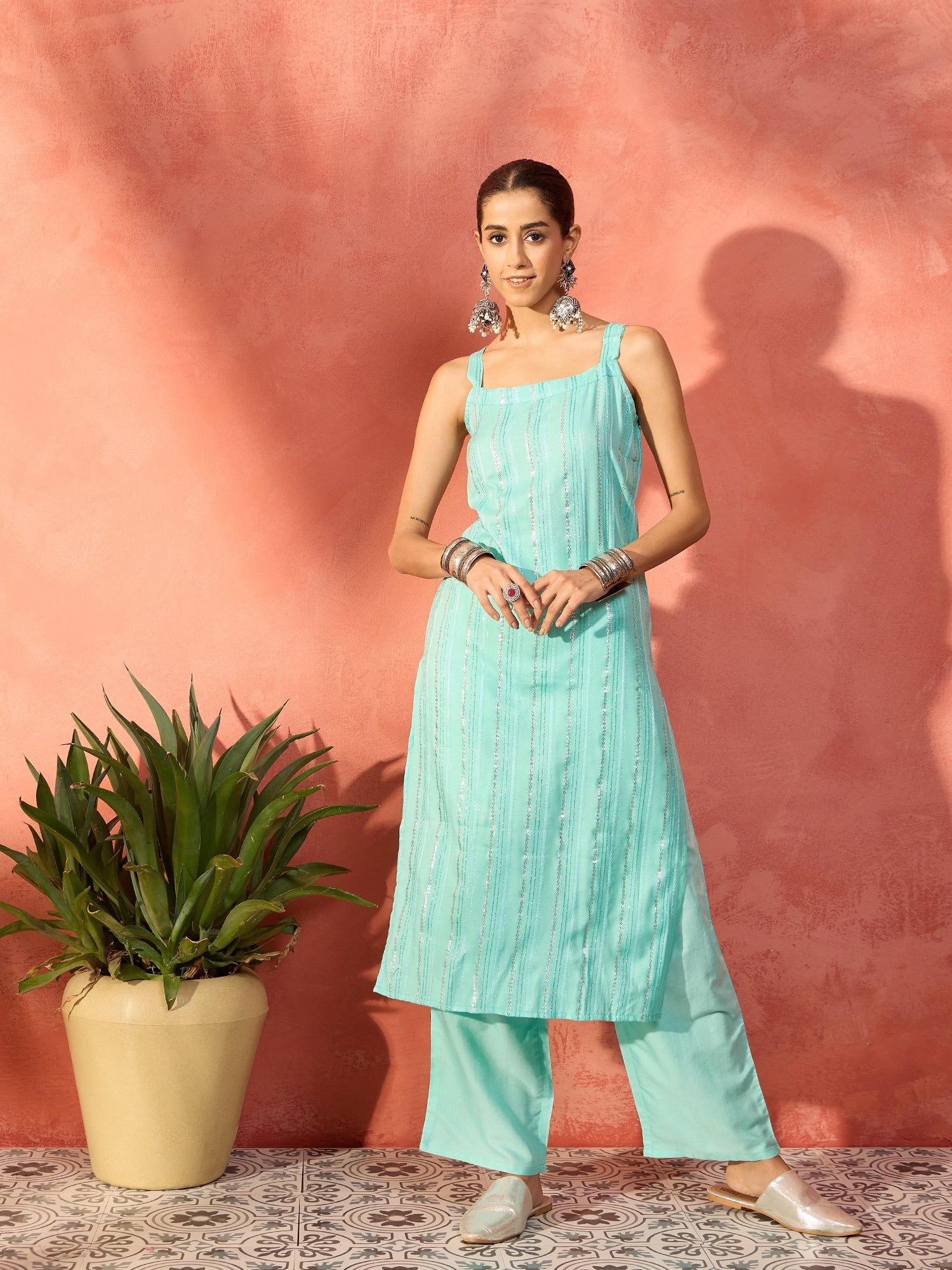 Mint Blue Lurex Thick Strappy Straight Kurta Pant Set