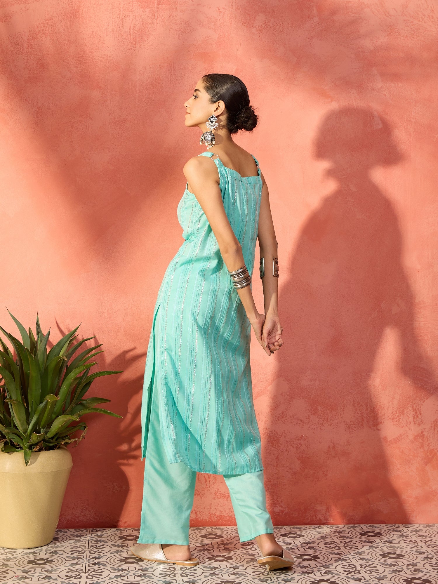 Mint Blue Lurex Thick Strappy Straight Kurta Pant Set