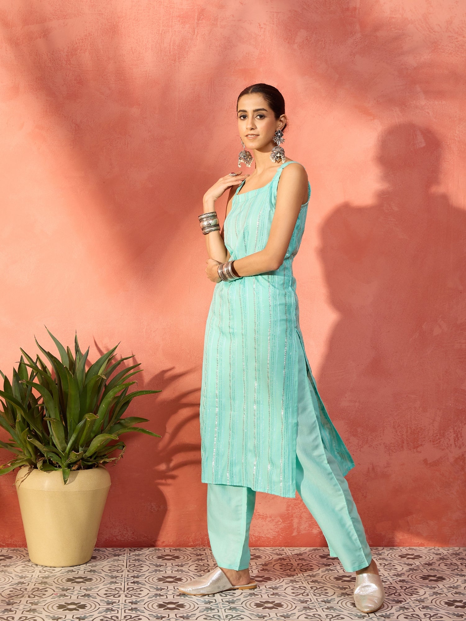 Mint Blue Lurex Thick Strappy Straight Kurta Pant Set