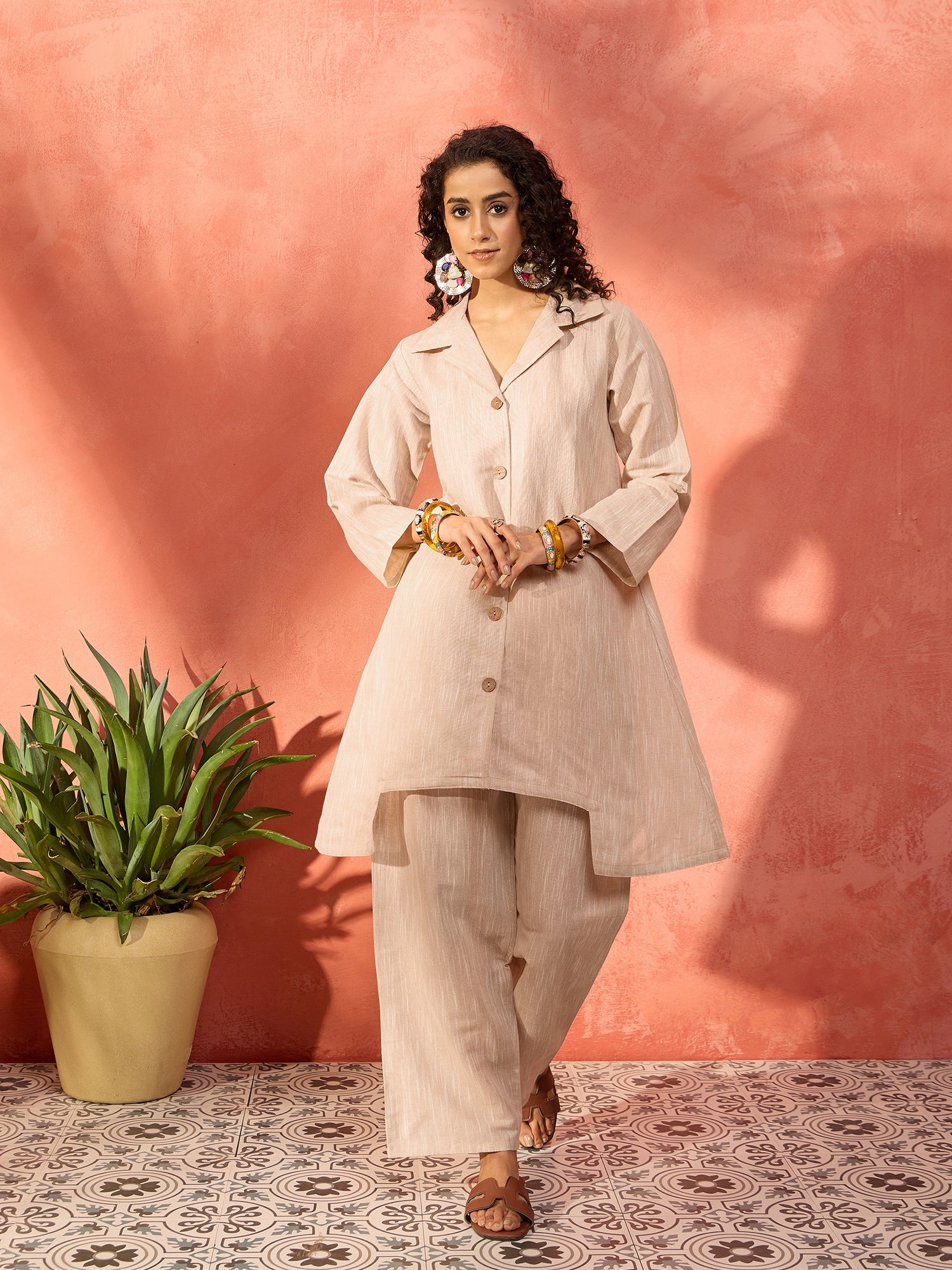 Beige Handloom Solid Blazer Kurta Narrow Pant Set