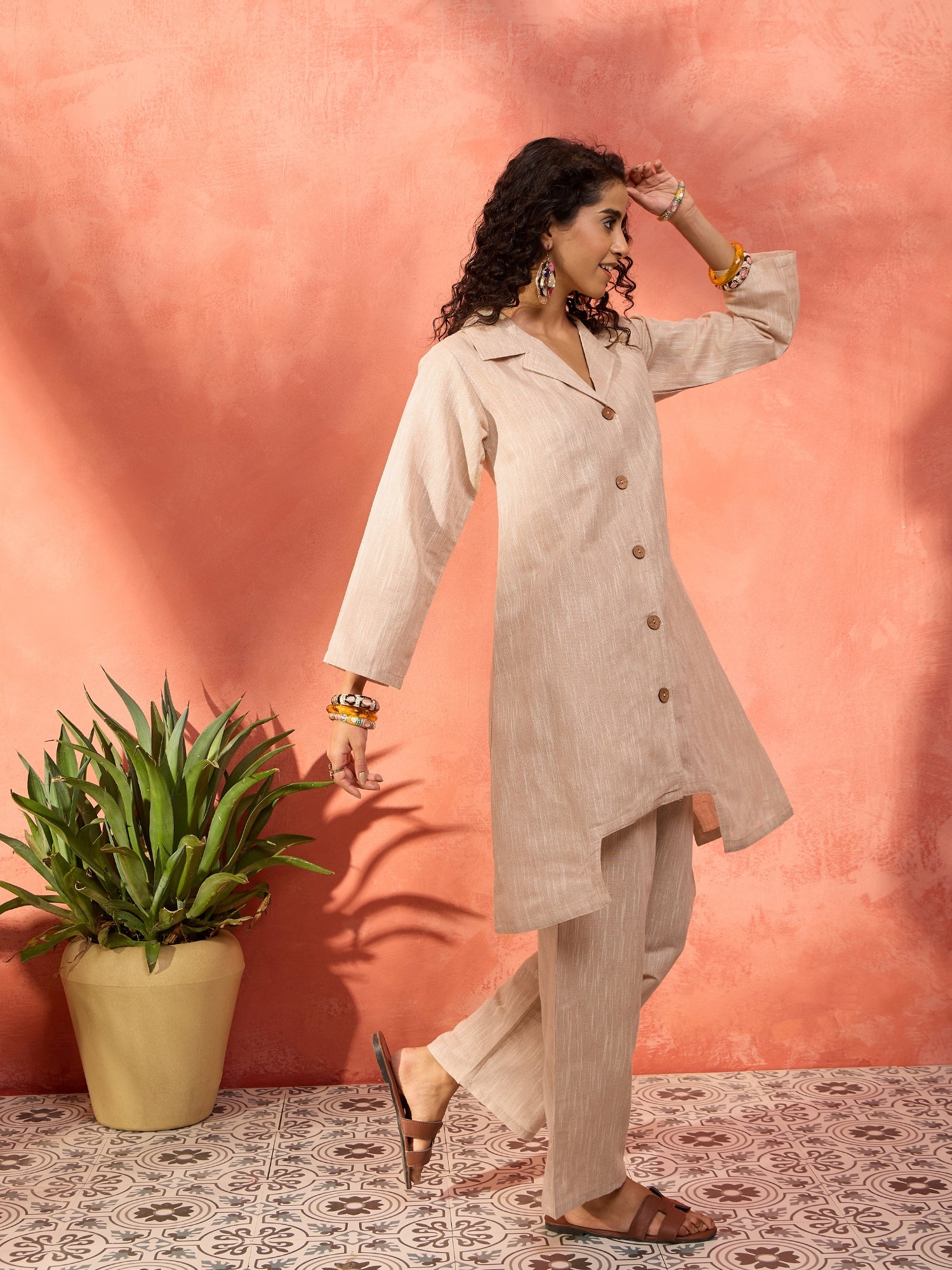 Beige Handloom Solid Blazer Kurta Narrow Pant Set