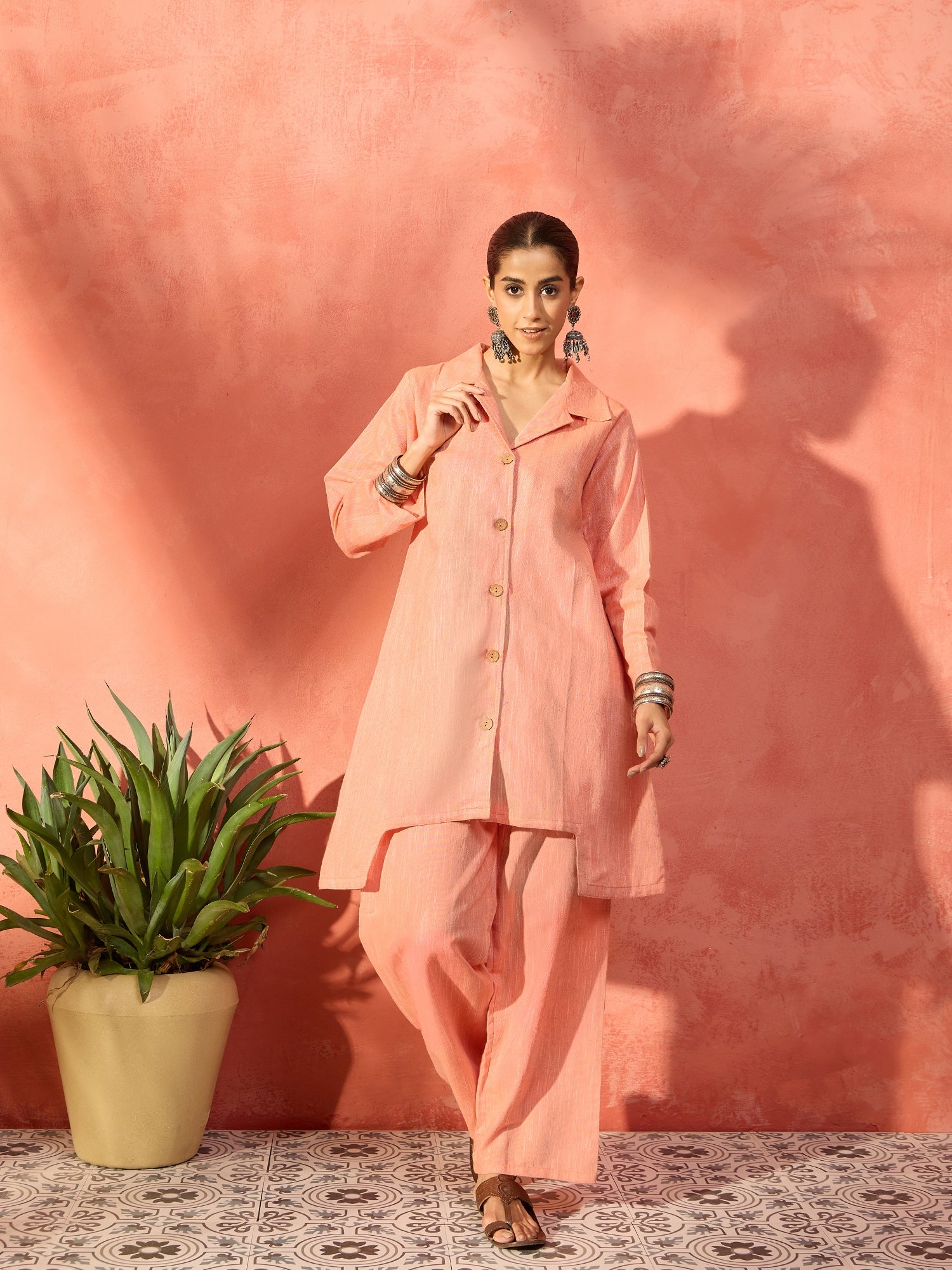 Peach Handloom Solid Blazer Kurta Narrow Pant Set