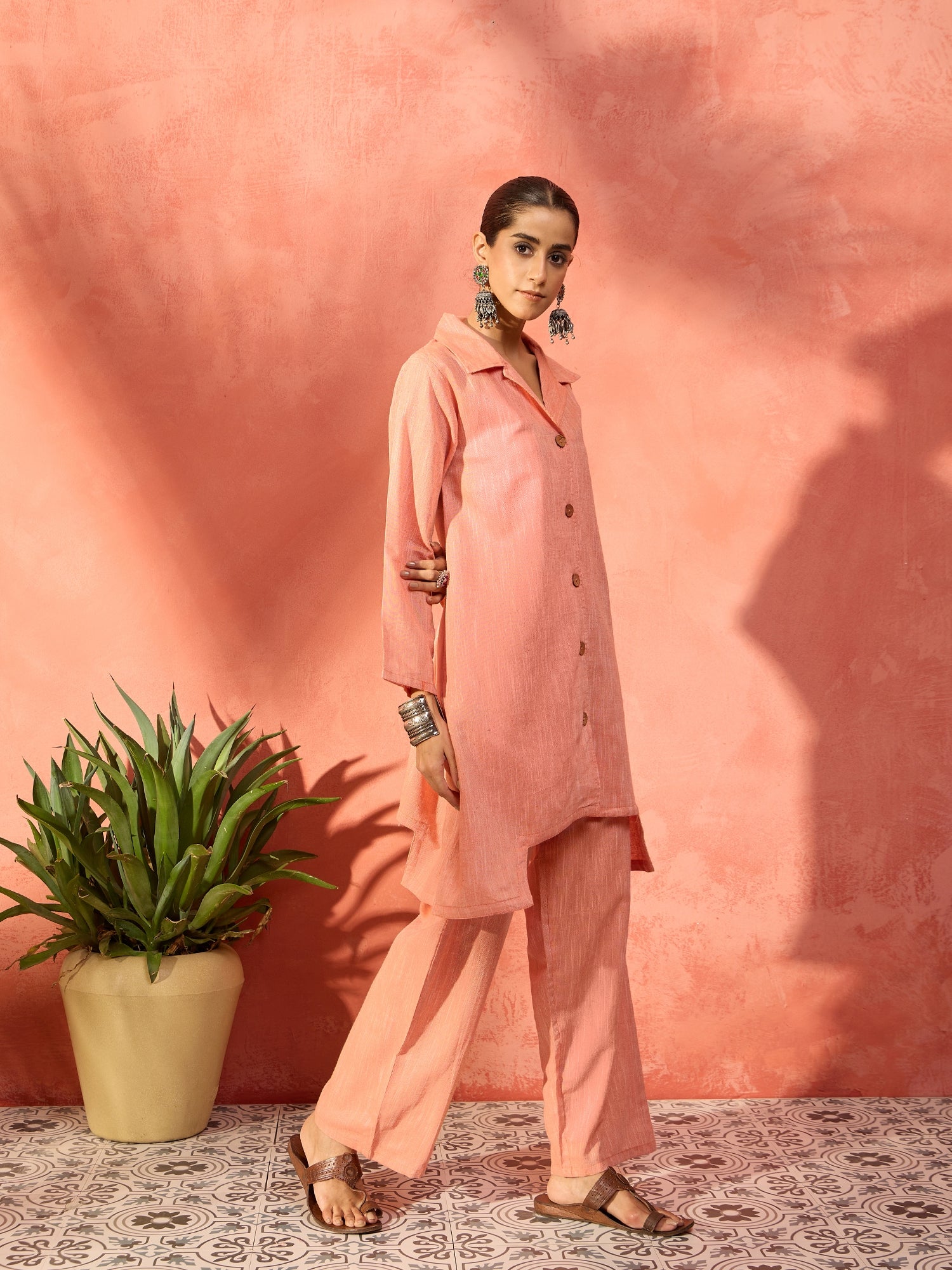 Peach Handloom Solid Blazer Kurta Narrow Pant Set