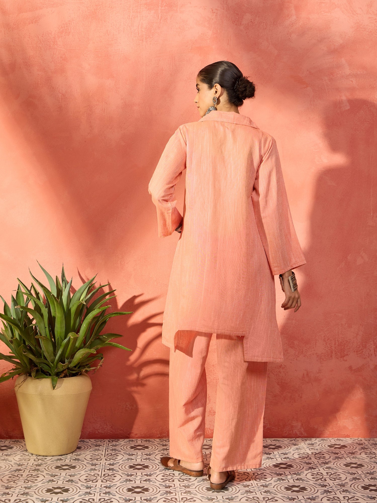 Peach Handloom Solid Blazer Kurta Narrow Pant Set