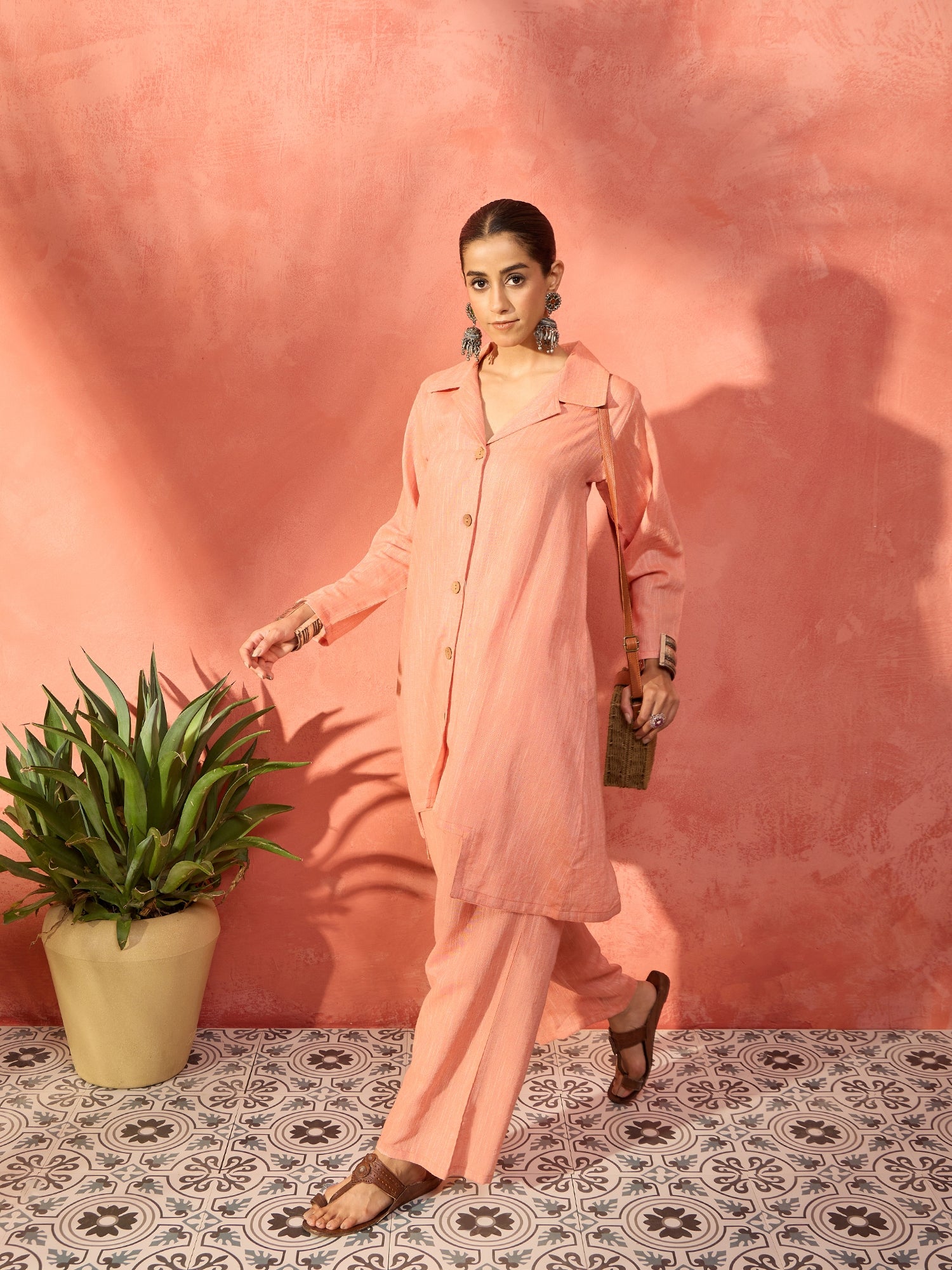 Peach Handloom Solid Blazer Kurta Narrow Pant Set