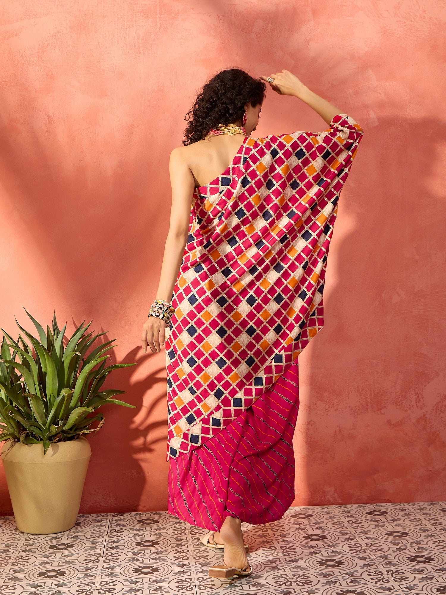 Fuchsia Multi Check Foil Oneshoulder Leh Palazzo Set