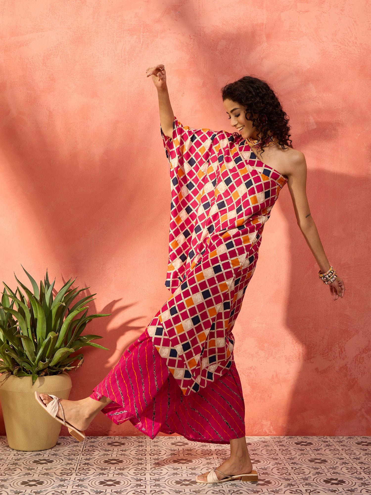 Fuchsia Multi Check Foil Oneshoulder Leh Palazzo Set