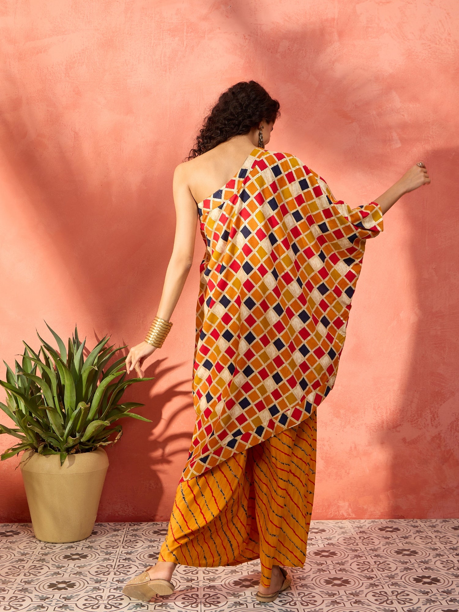 Mustard Multi Check Foil Oneshoulder Leh Palazzo Set