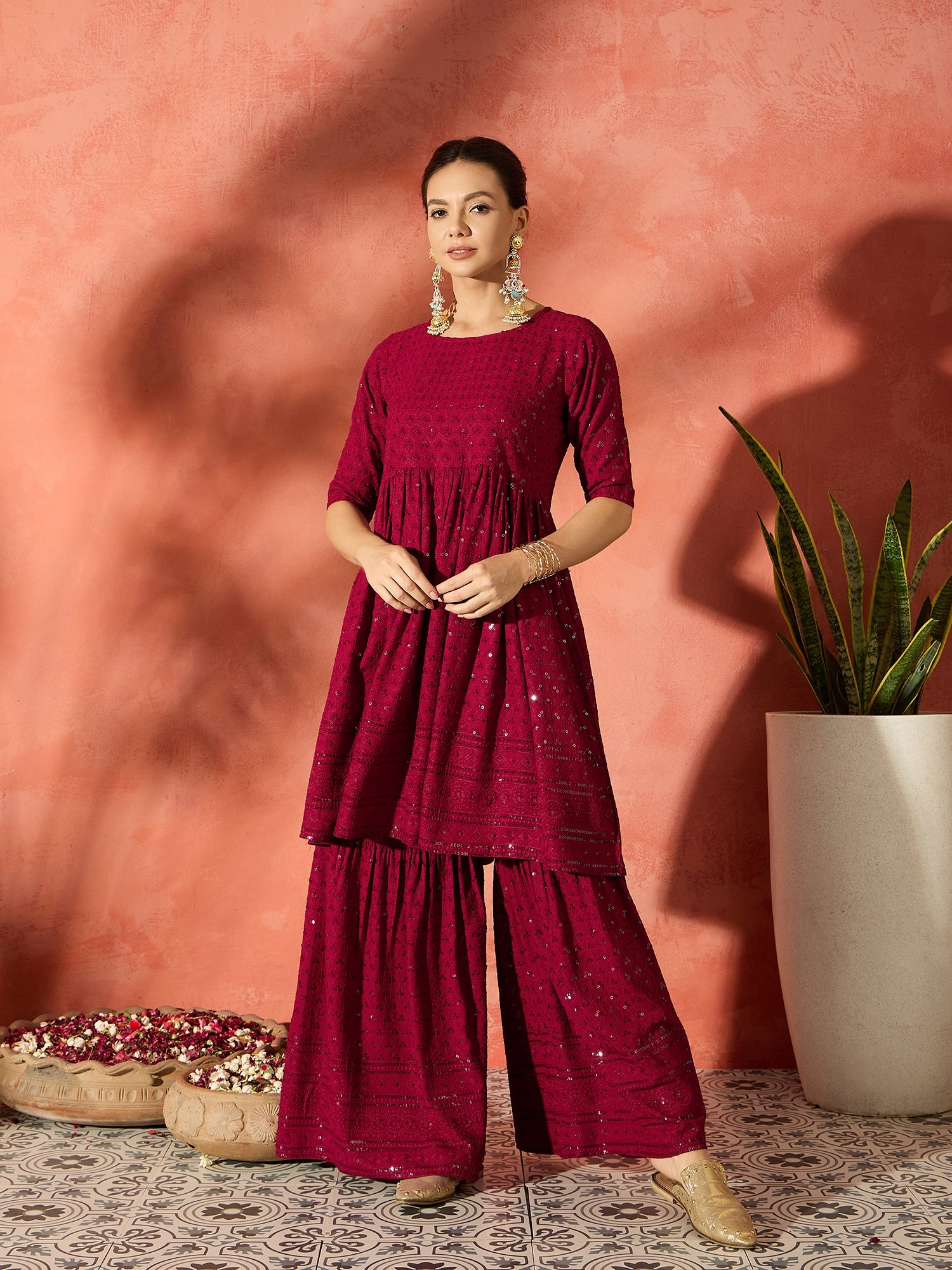 Barn Red Chikankari Anarkali Kurta Set