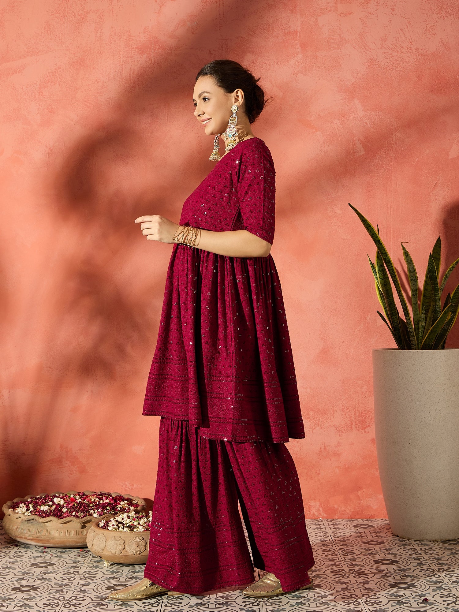 Barn Red Chikankari Anarkali Kurta Set