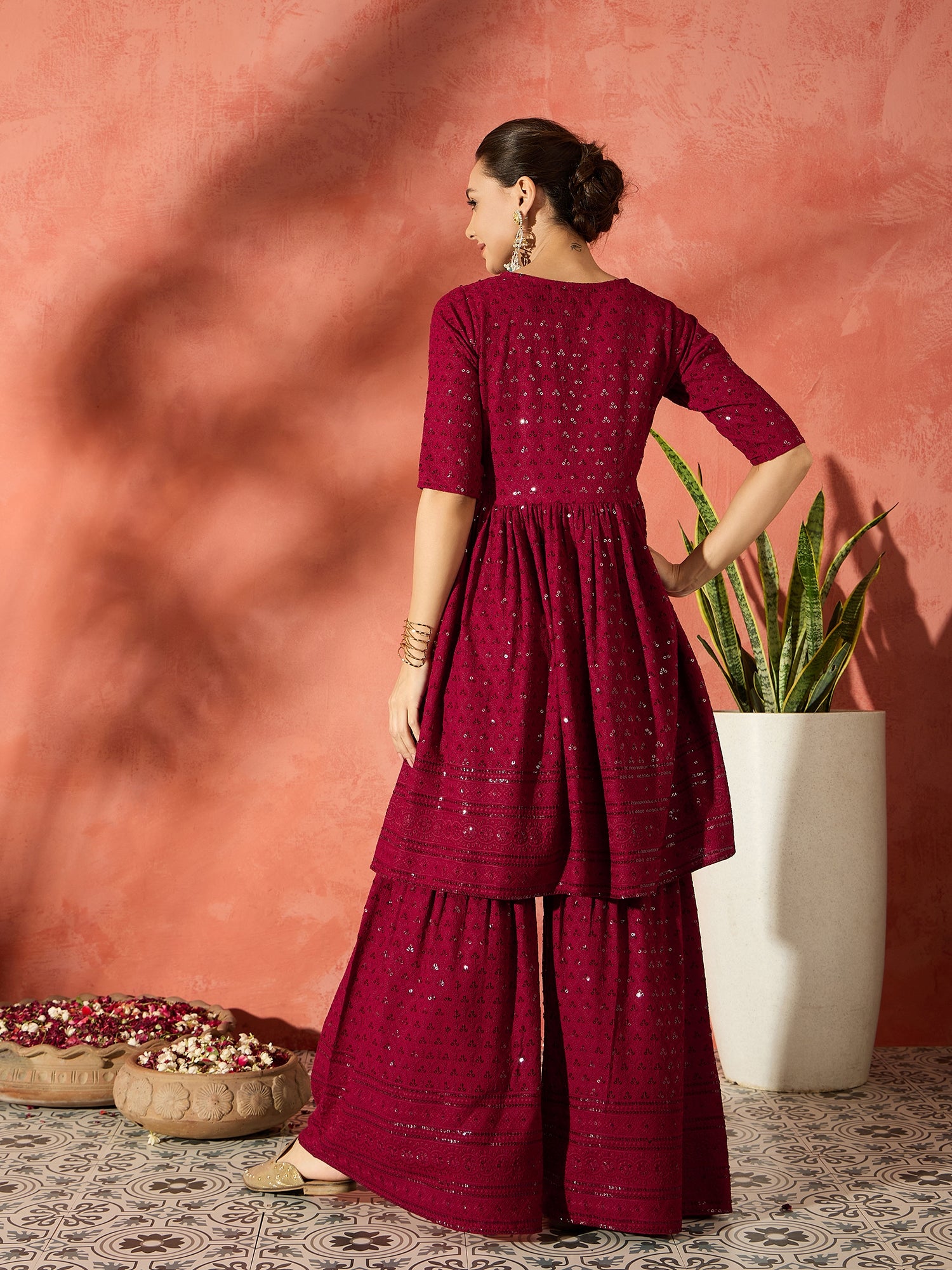 Barn Red Chikankari Anarkali Kurta Set