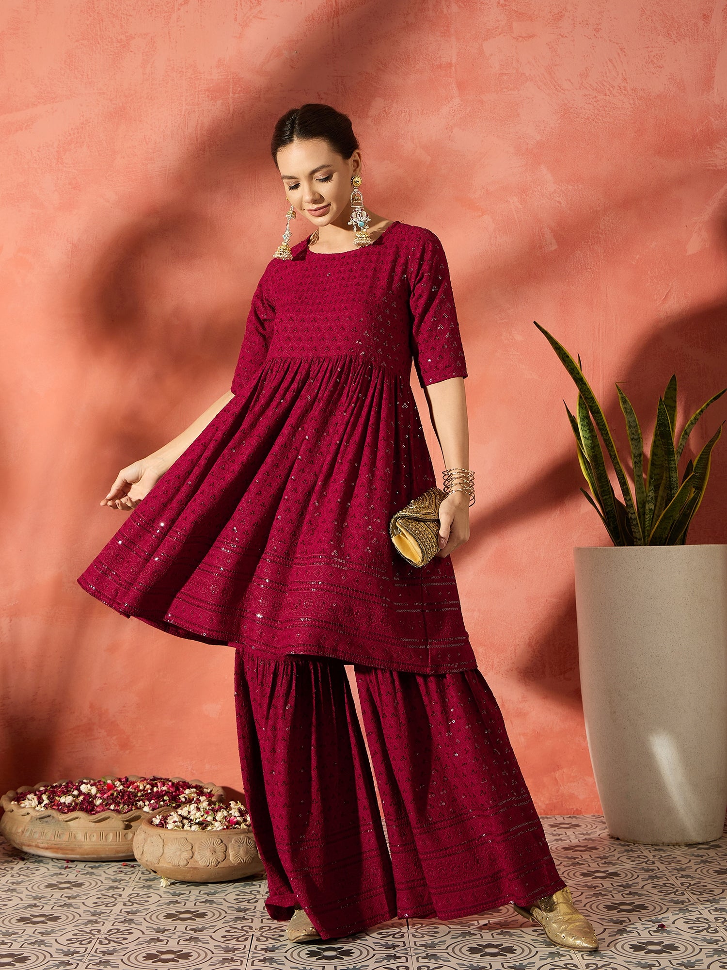 Barn Red Chikankari Anarkali Kurta Set