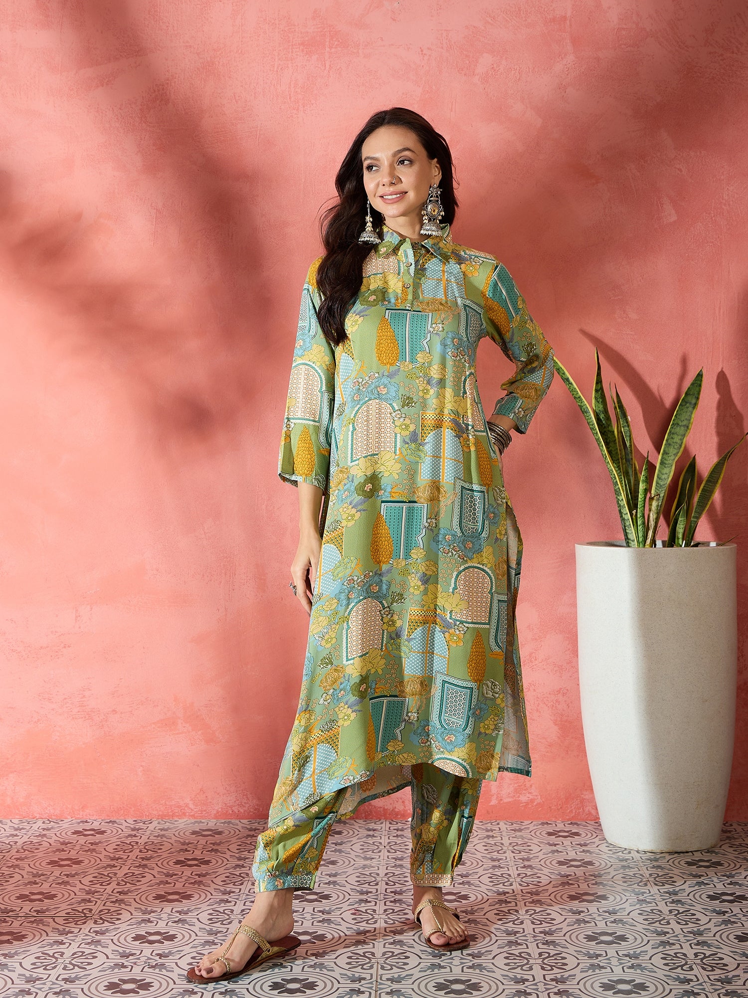 Pear Green Window Print Collar Kurta Salwar Set