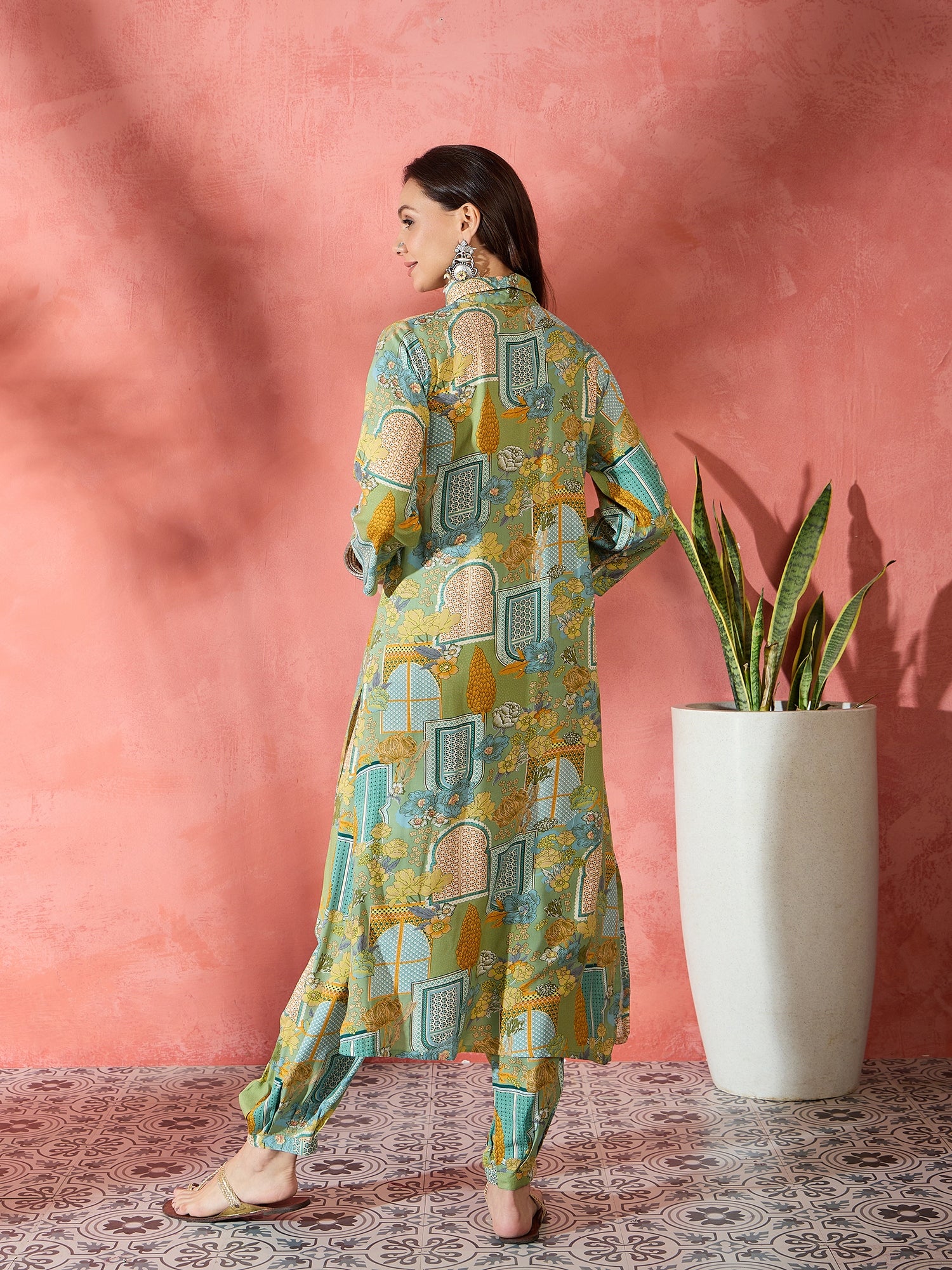 Pear Green Window Print Collar Kurta Salwar Set